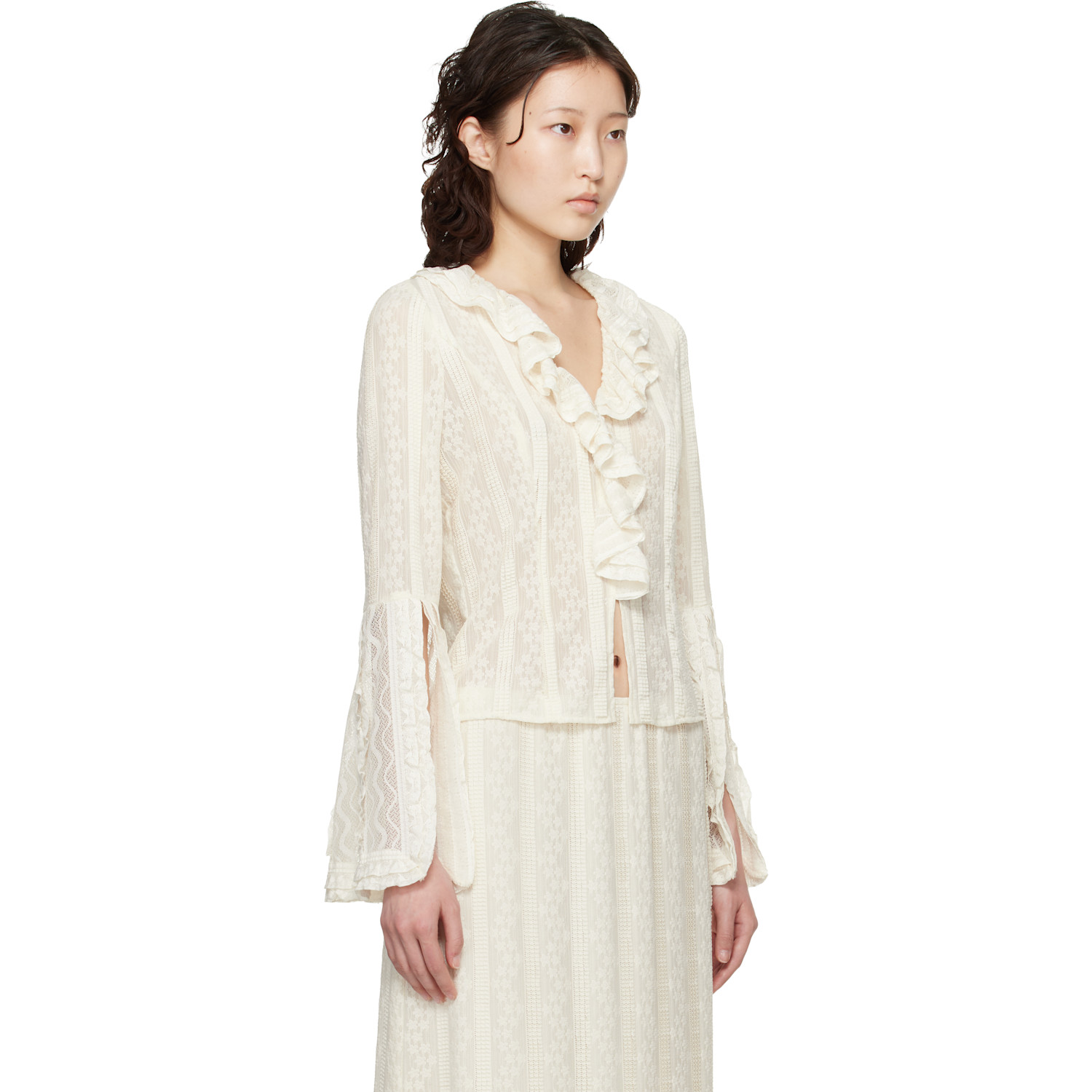  Anna Sui Off-white Floral Ruffle Stretch Lace Blouse 