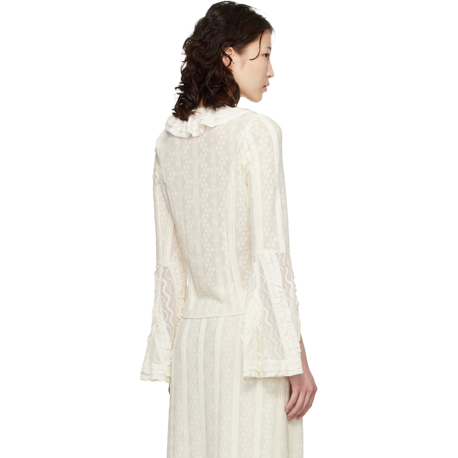  Anna Sui Off-white Floral Ruffle Stretch Lace Blouse 