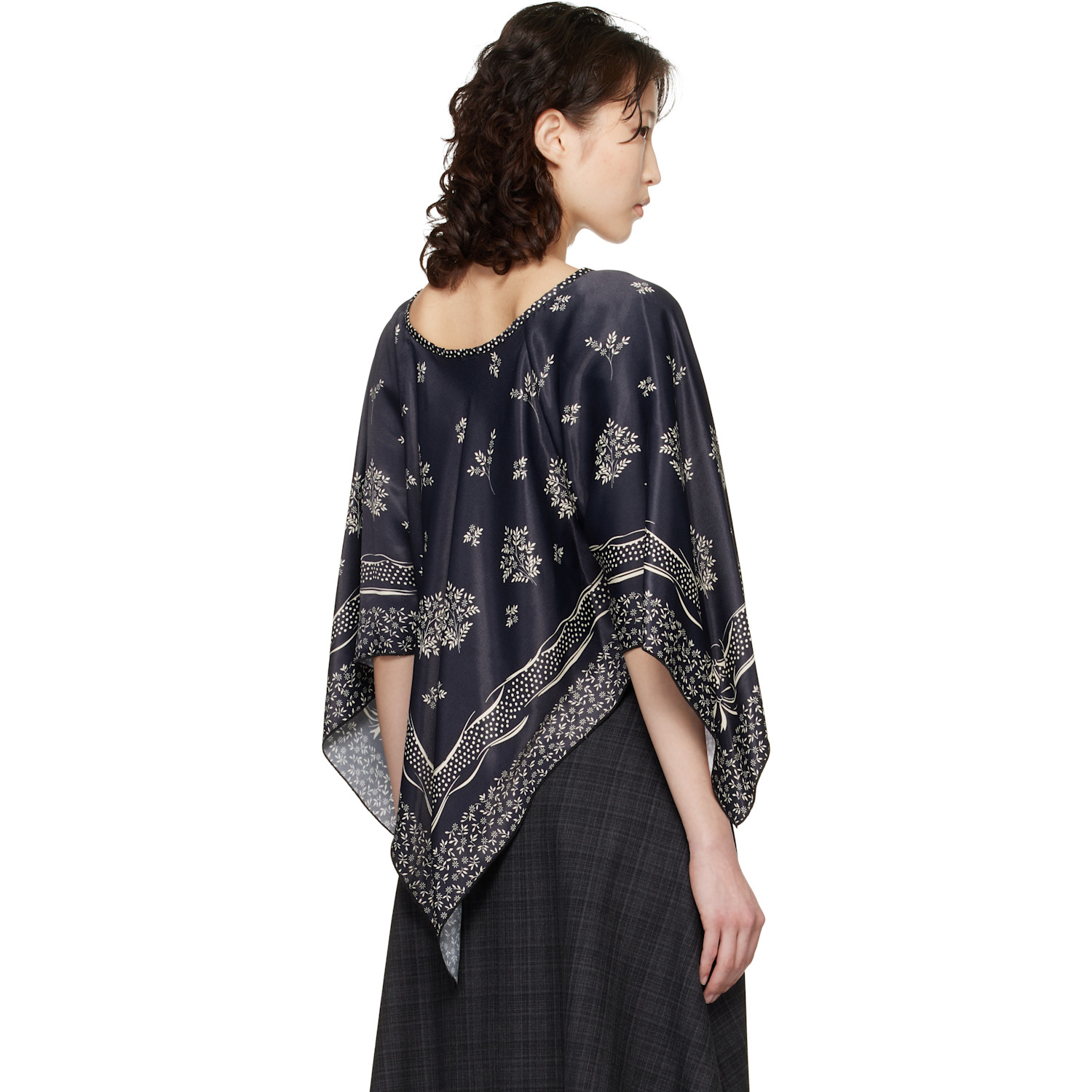  Anna Sui Black Ribbon Handkerchief Satin Print Poncho Blouse 