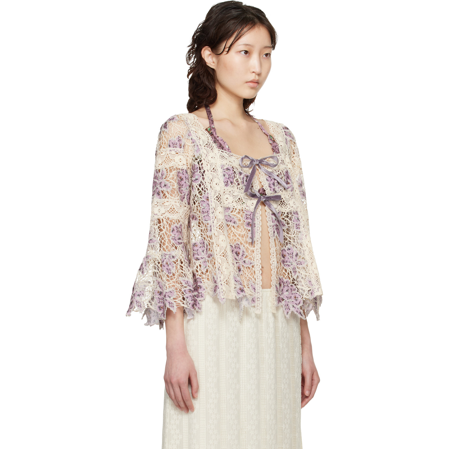  Anna Sui Purple & Off-white Medallion Floral Lace Tie Blouse 