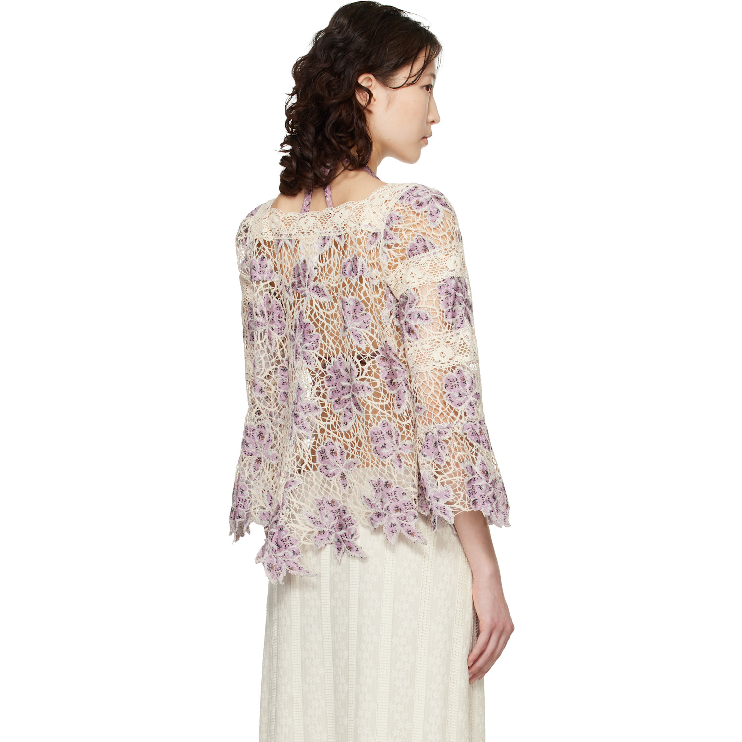  Anna Sui Purple & Off-white Medallion Floral Lace Tie Blouse 