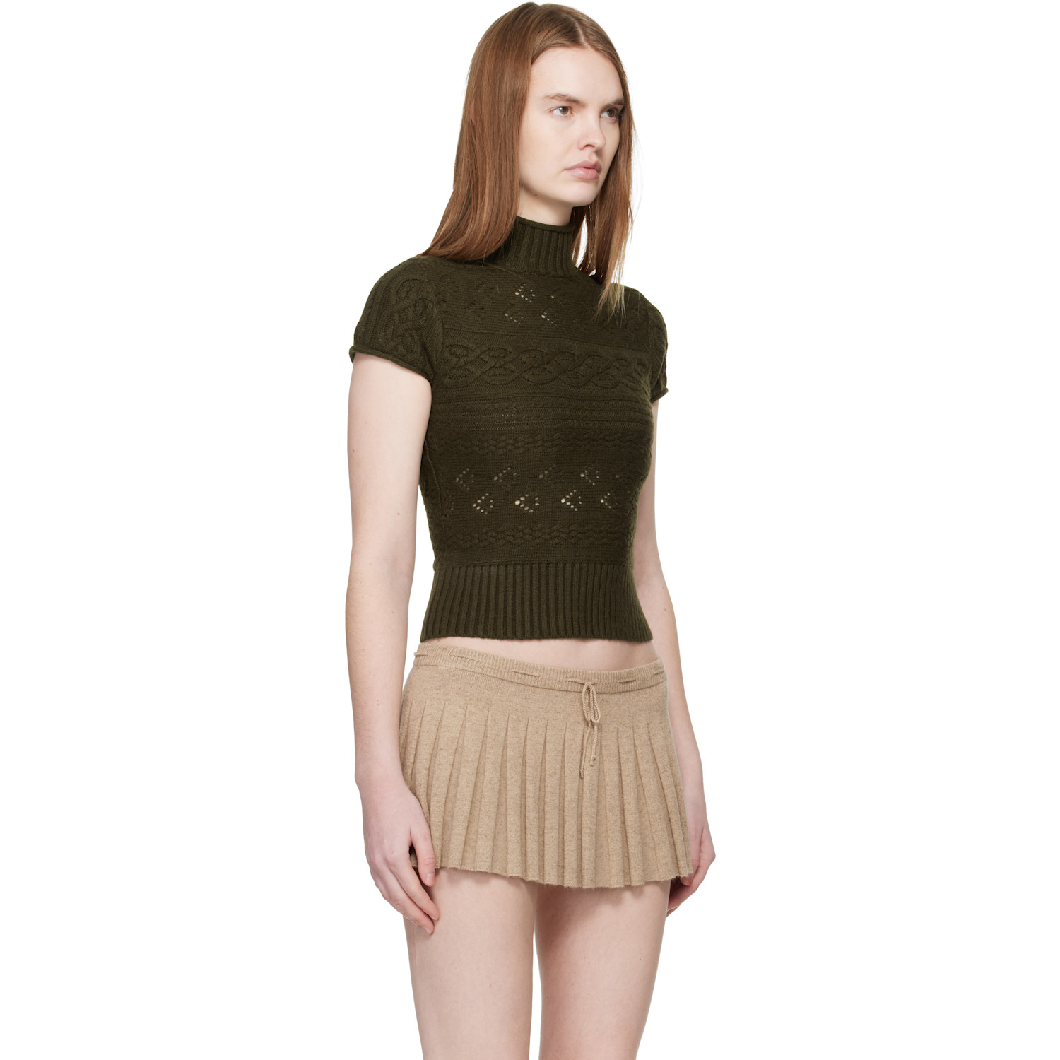  Guizio Khaki Vivienne Short Sleeve Cable Turtleneck 