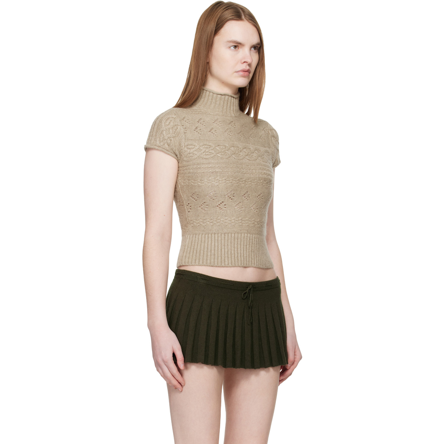  Guizio Taupe Vivienne Short Sleeve Cable Turtleneck 