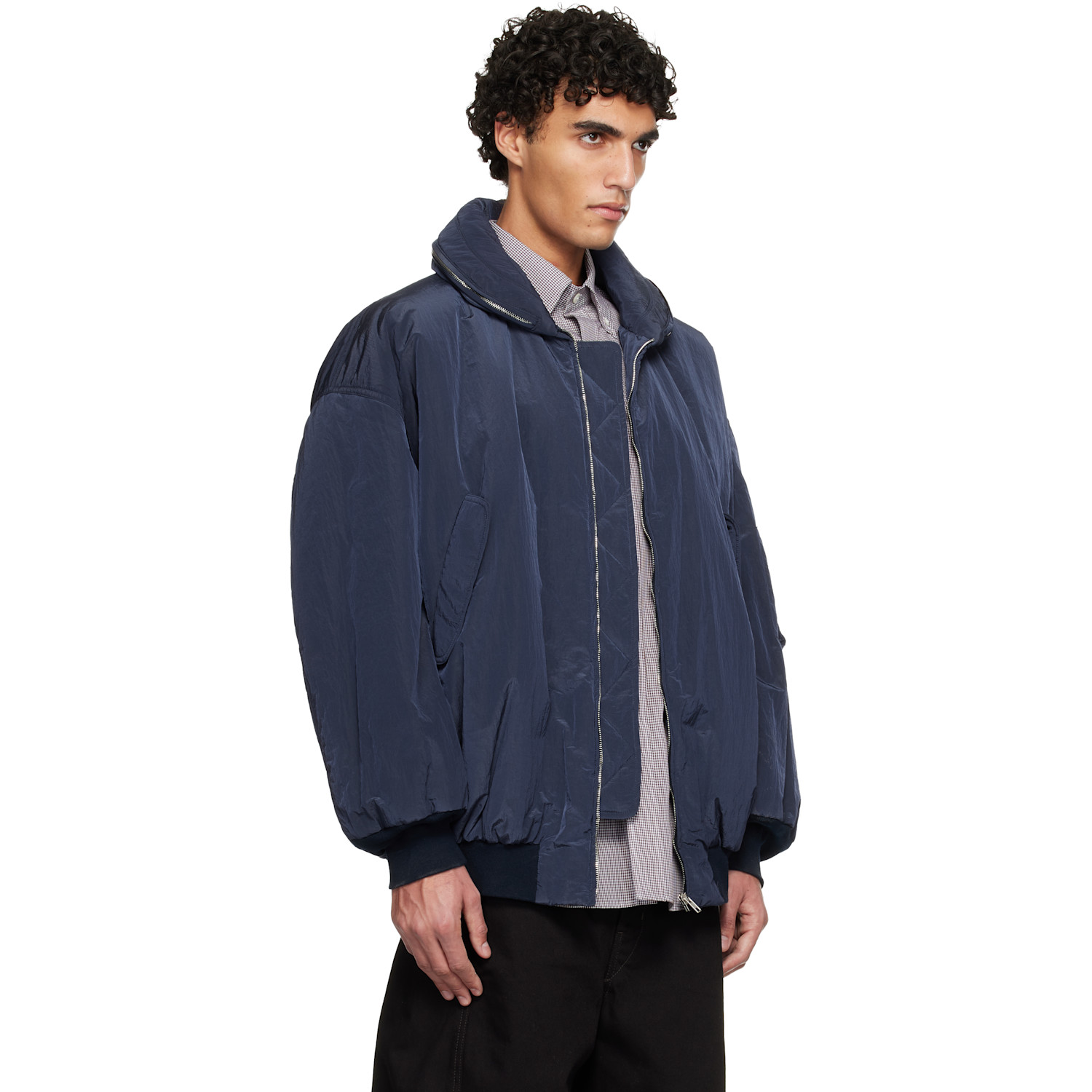  Hed Mayner Navy Crinkled Bomber Jacket 