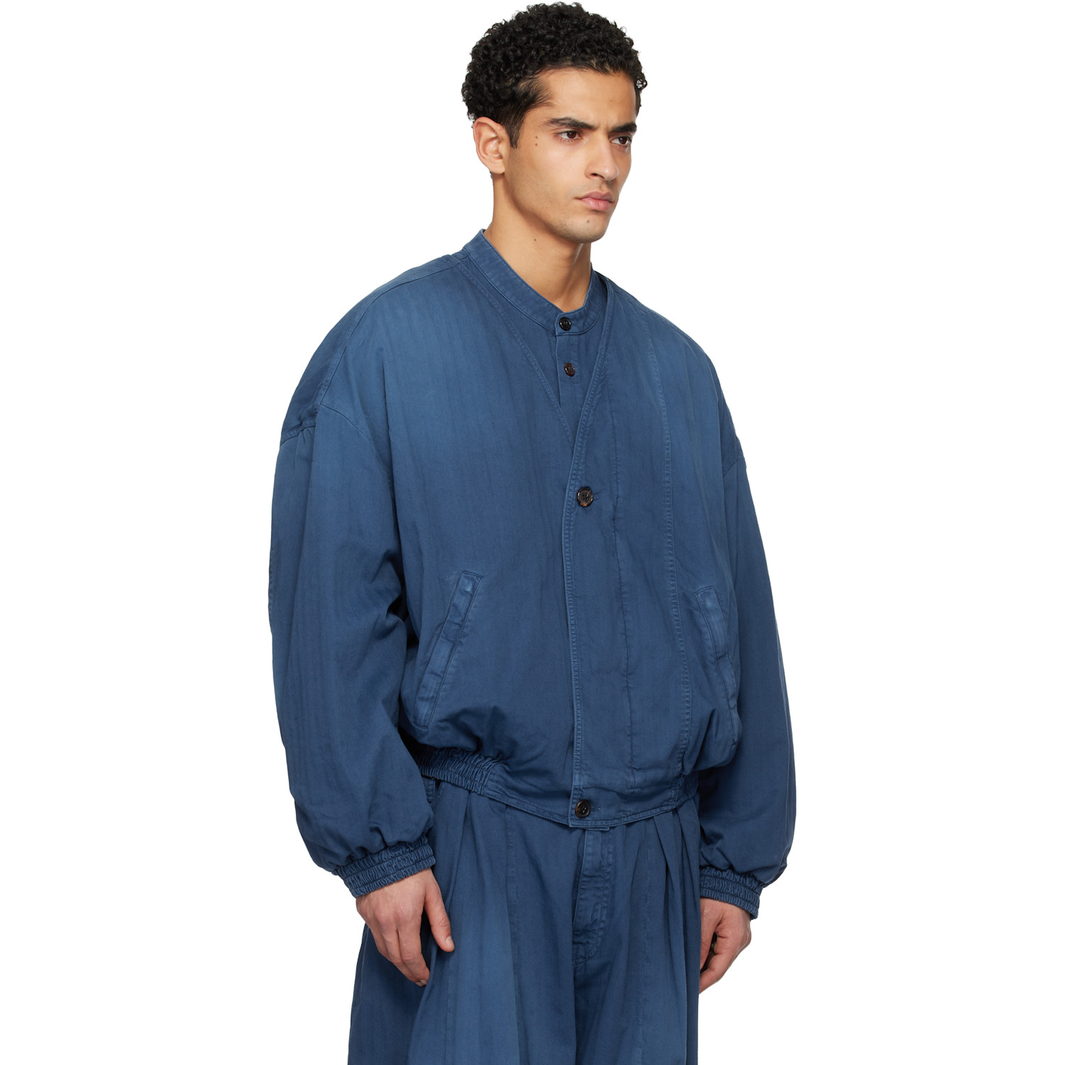  Hed Mayner Blue Herringbone Denim Bomber Jacket 