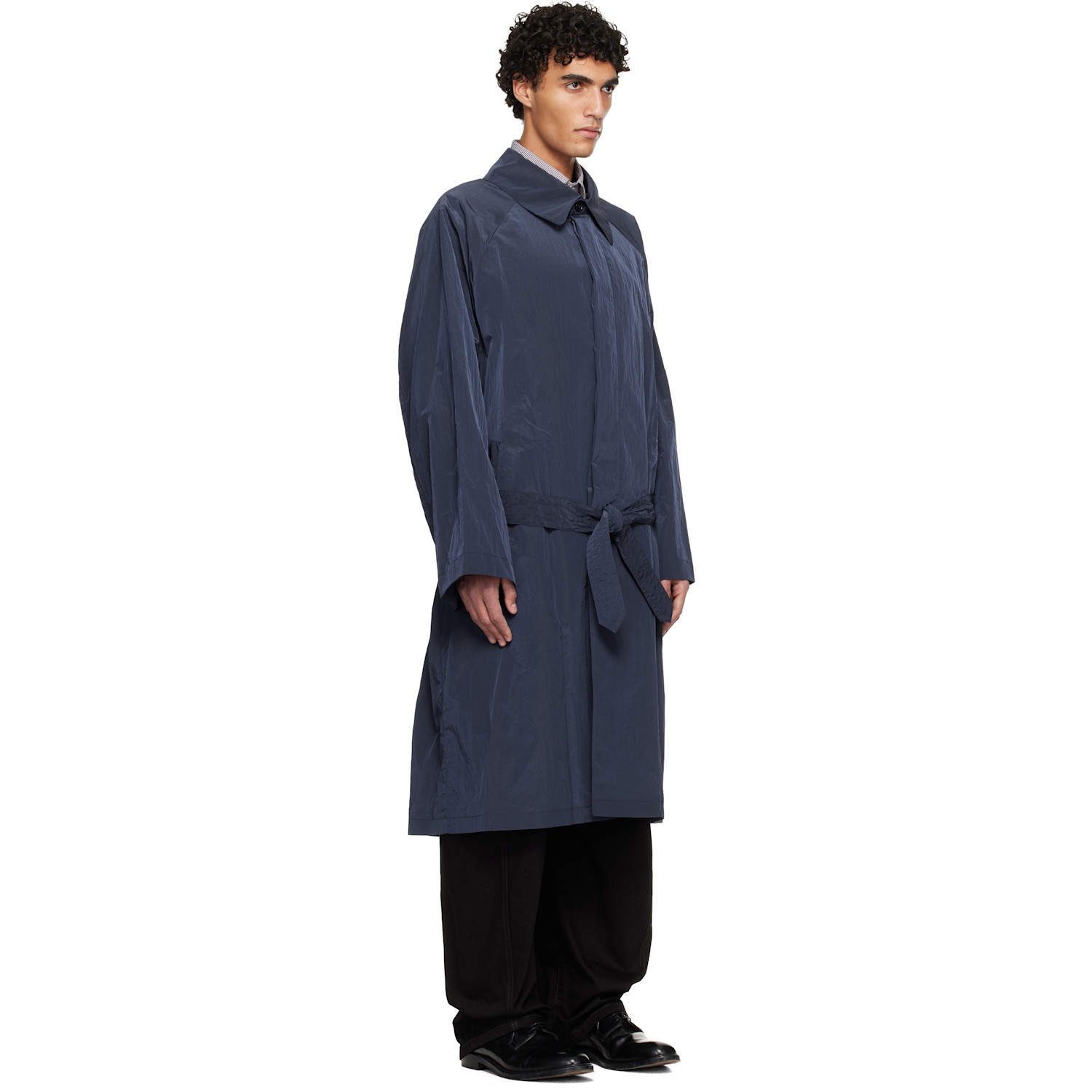  Hed Mayner Navy Crinkled Trench Coat 