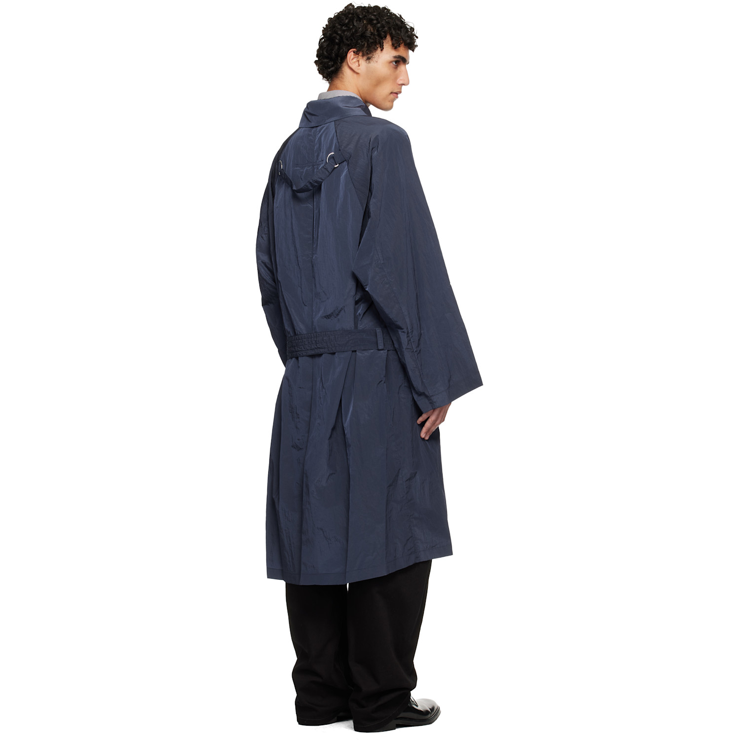  Hed Mayner Navy Crinkled Trench Coat 