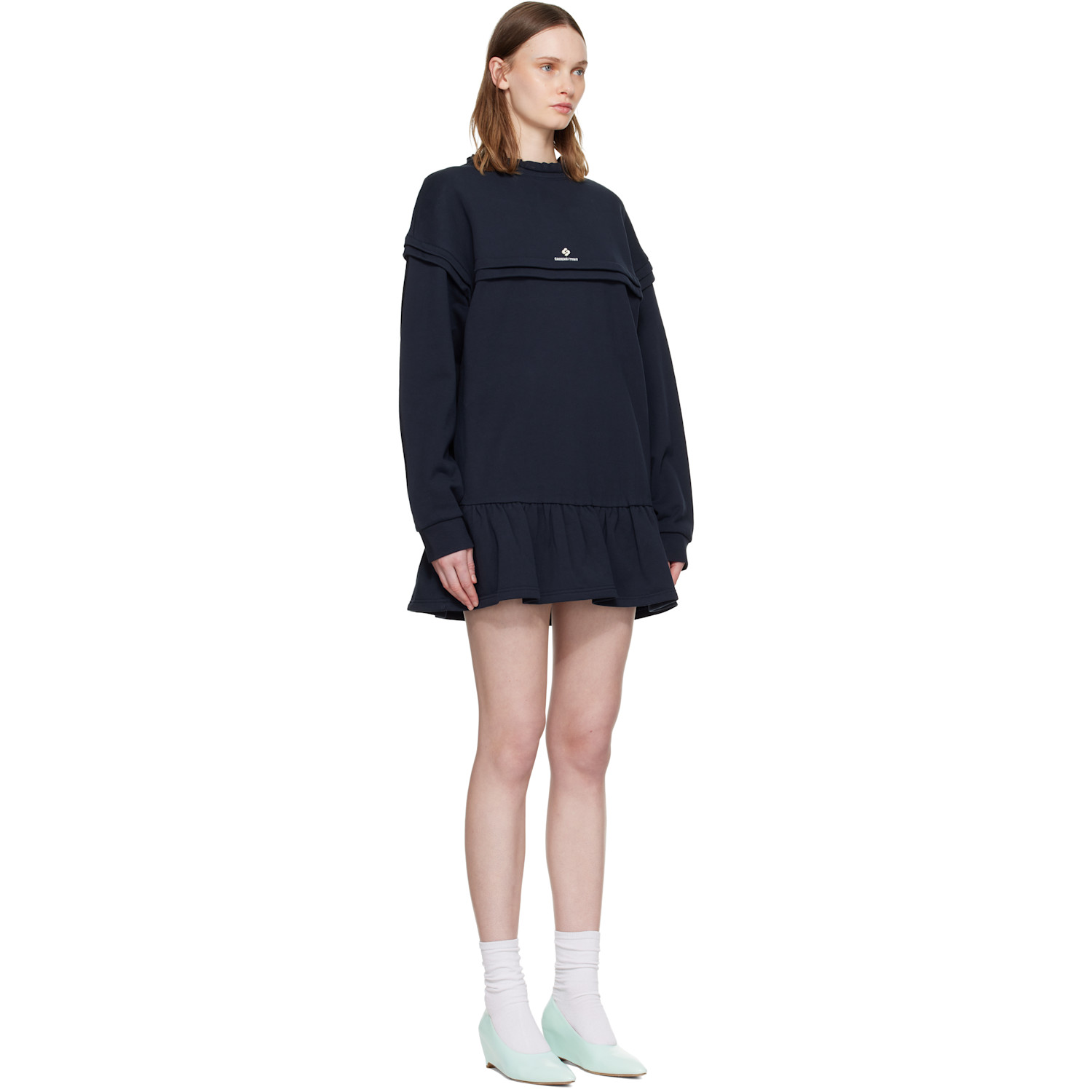  Shushu/tong Navy Raw-edge Wave Collar Tuck Detail Sweatshirt Minidress 