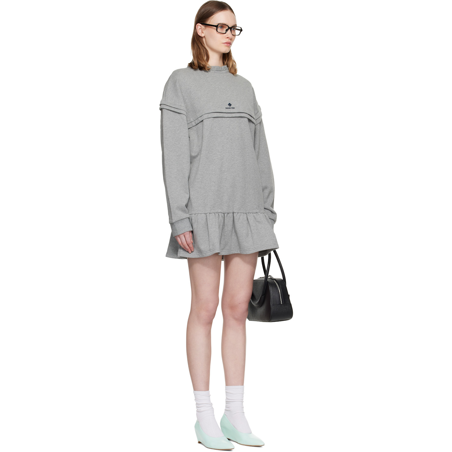  Shushu/tong Gray Raw-edge Wave Collar Tuck Detail Sweatshirt Minidress 