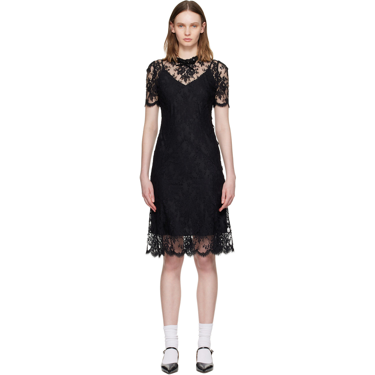 SHUSHU/TONG Black Beaded Lace Short-Sleeve Midi Dress