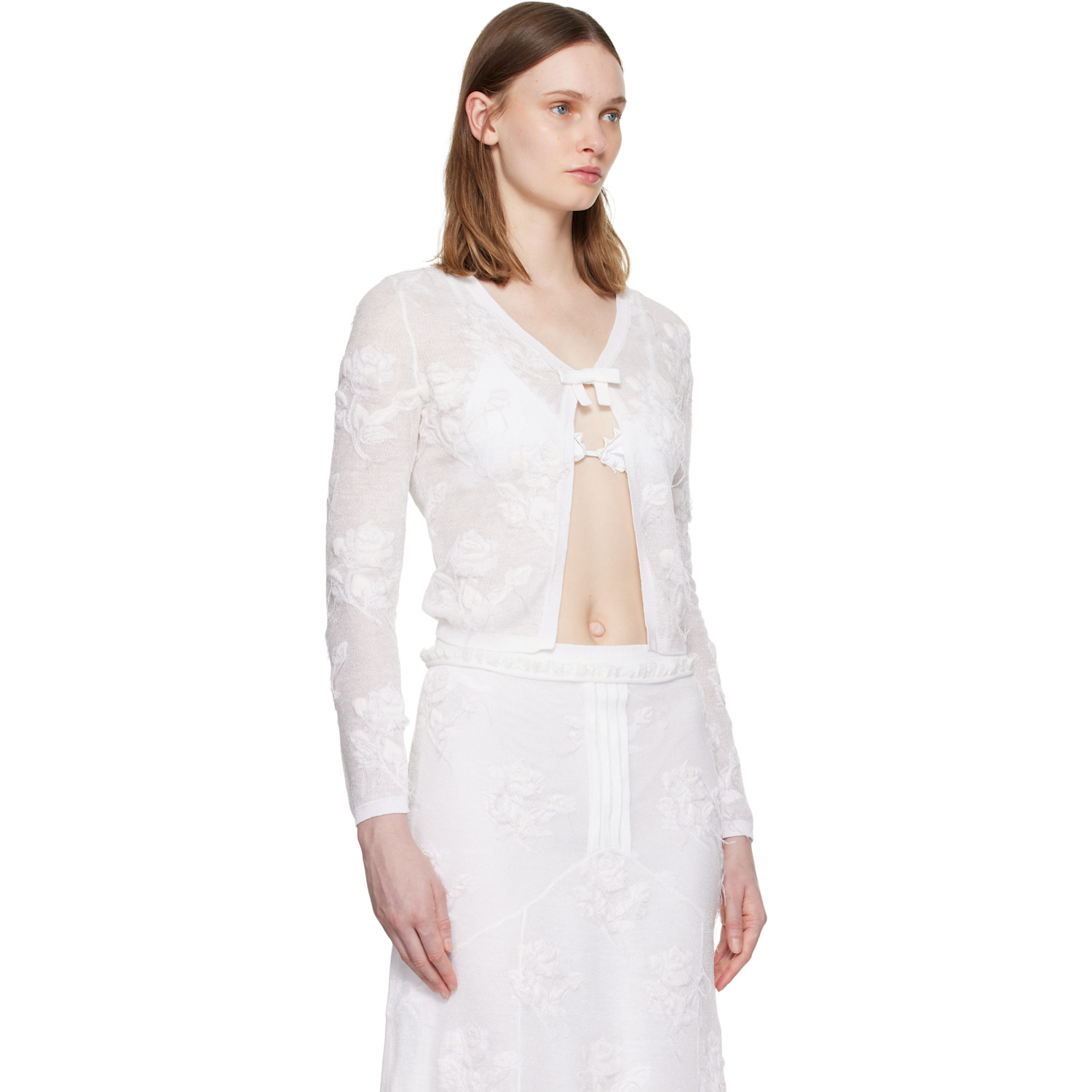  Shushu/tong White Threadwork Bow Cardigan 
