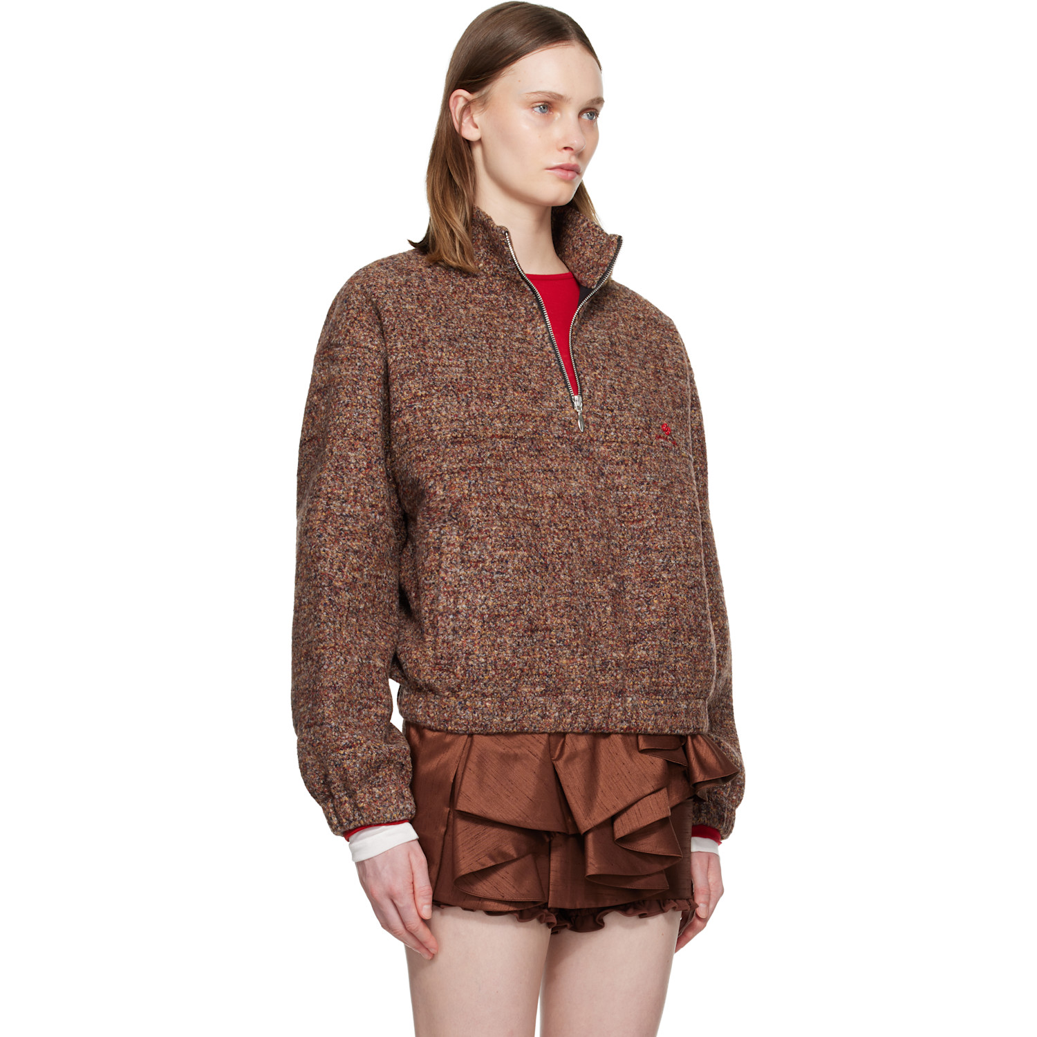 Shushu/tong Brown Stand Neck Pullover Sweater 