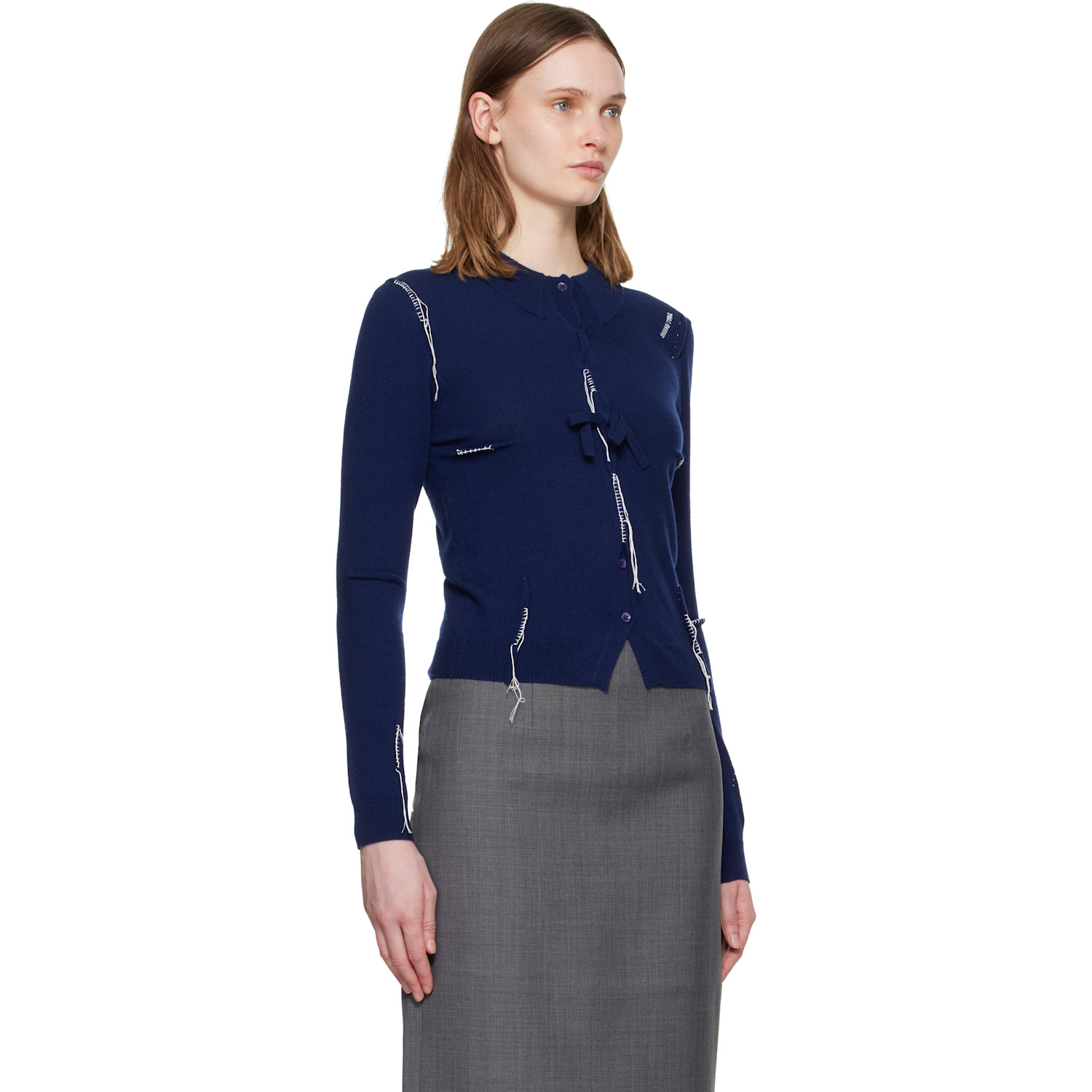  Shushu/tong Navy Pin-tuck & Threadwork Knit Sweater 