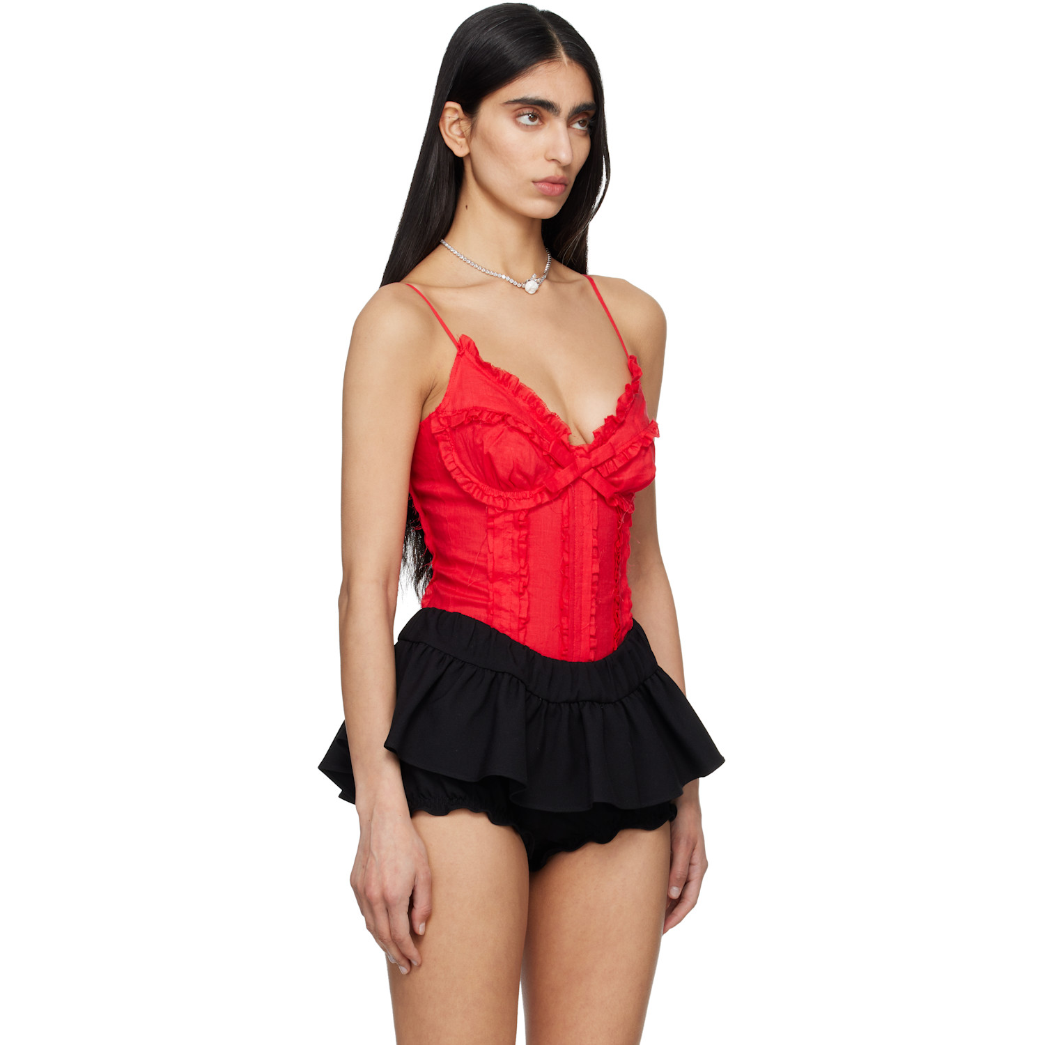  Shushu/tong Red Ruched Bustier Cami Bodysuit 