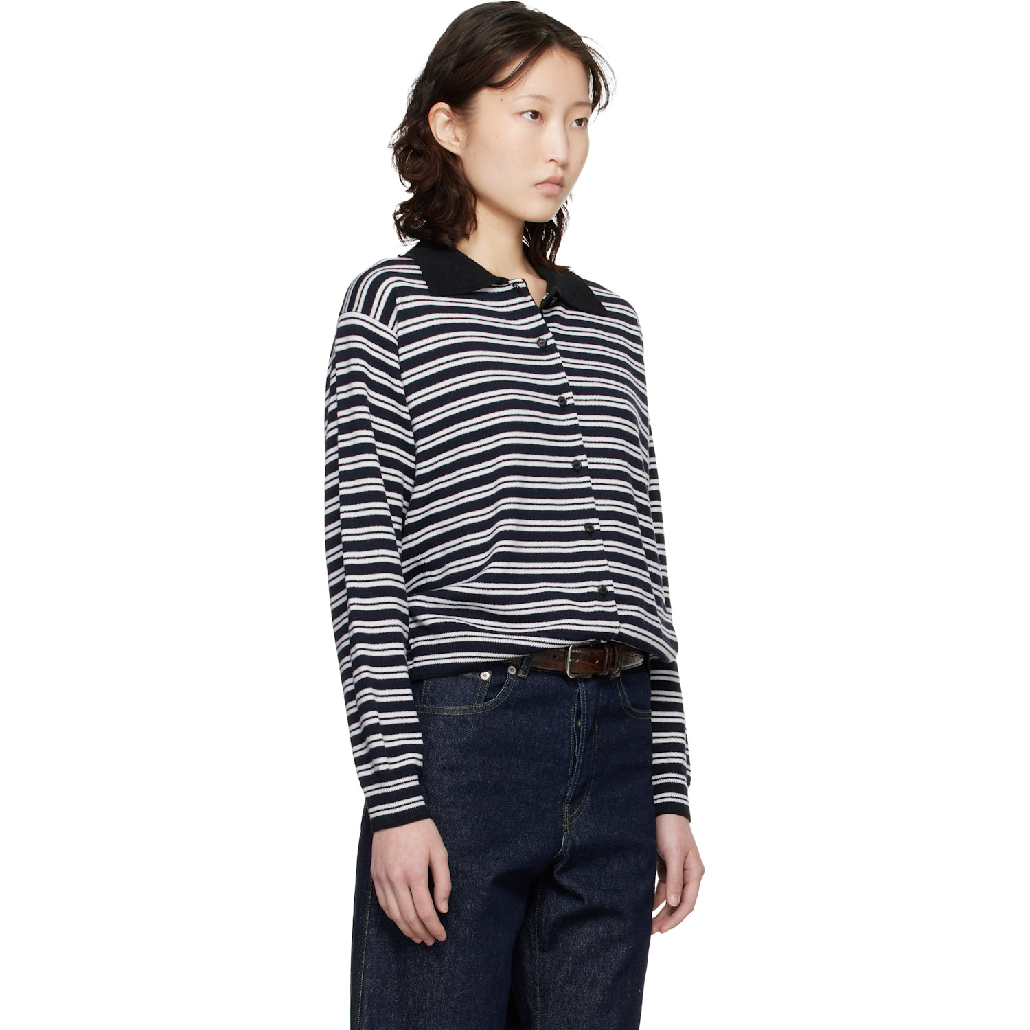  Cordera Black & White Merino Wool Striped Polo Cardigan 