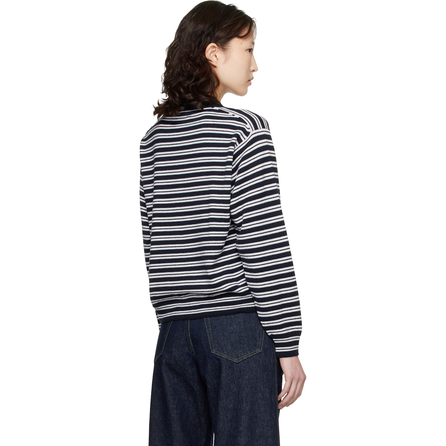  Cordera Black & White Merino Wool Striped Polo Cardigan 