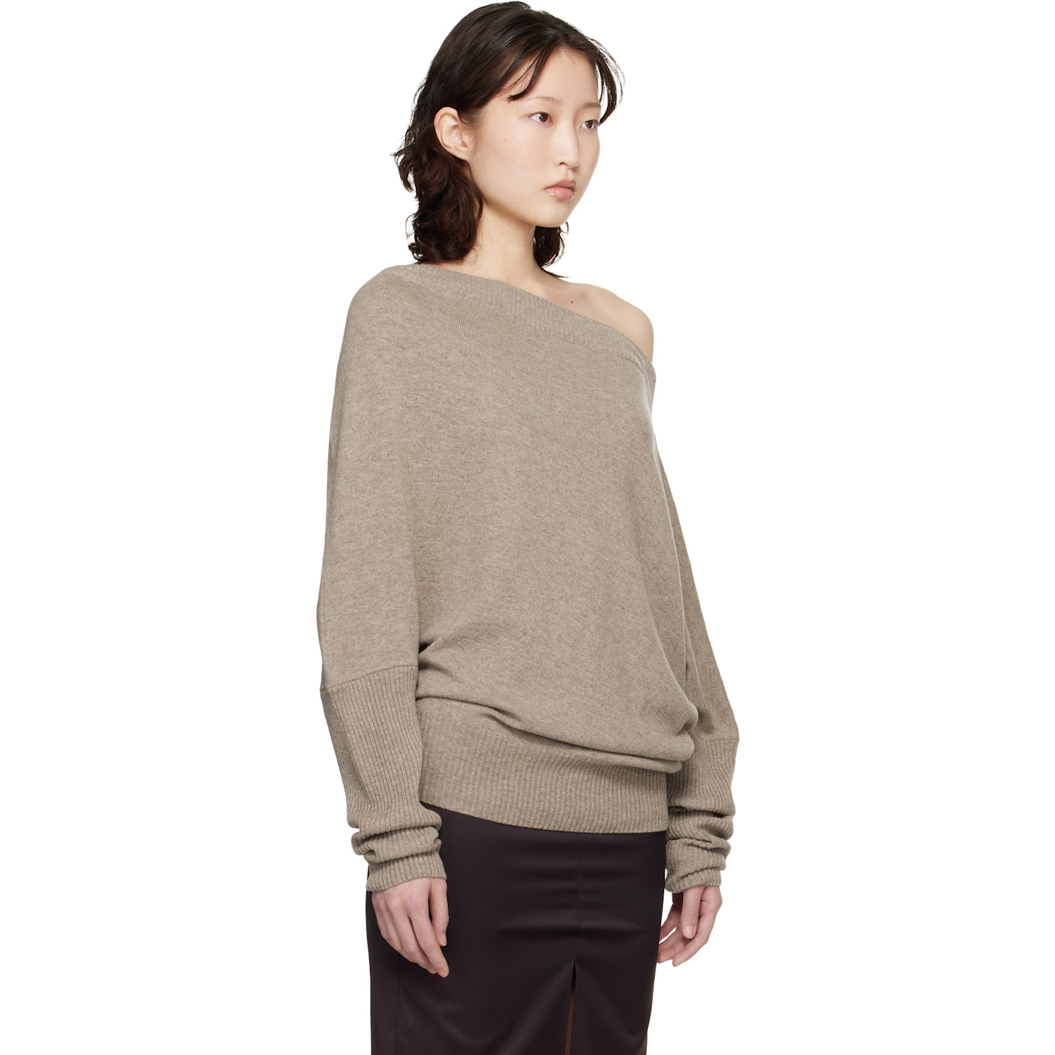  Cordera Taupe Merino Wool Off-shoulder Sweater 