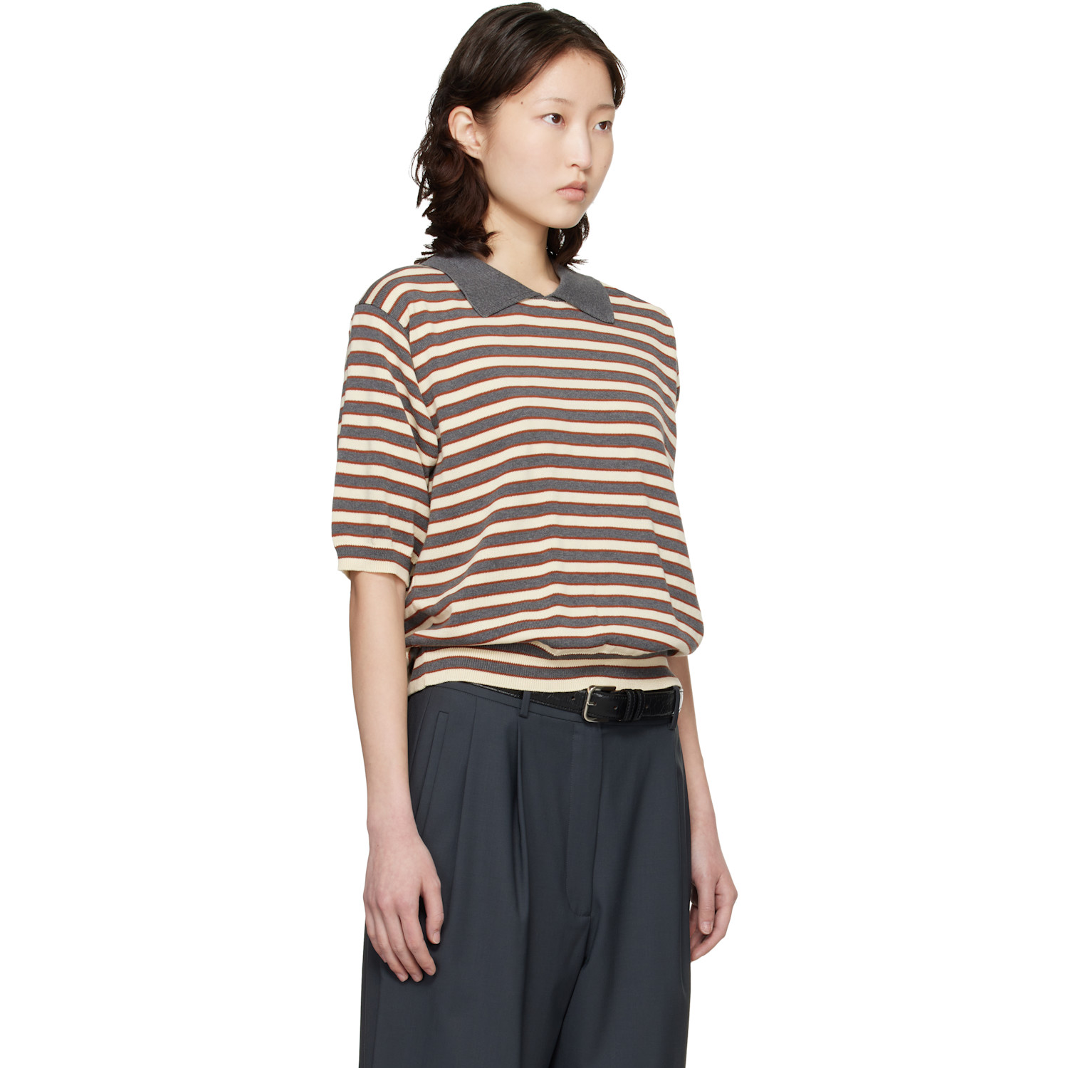  Cordera Gray & Off-white Organic Cotton Striped Polo 