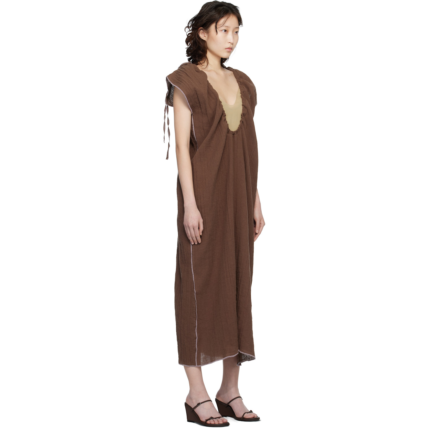  Baserange Brown Max Crinkle Linen Maxi Dress 