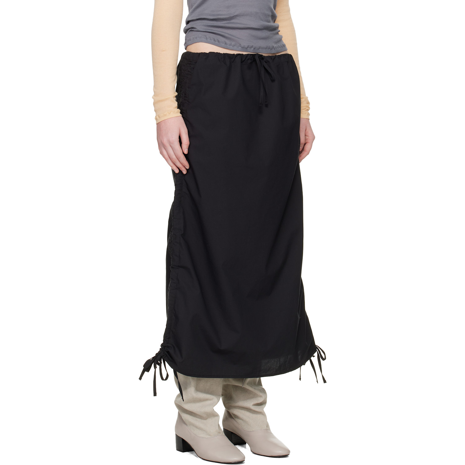  Baserange Black Pictorial Strap Midi Skirt 