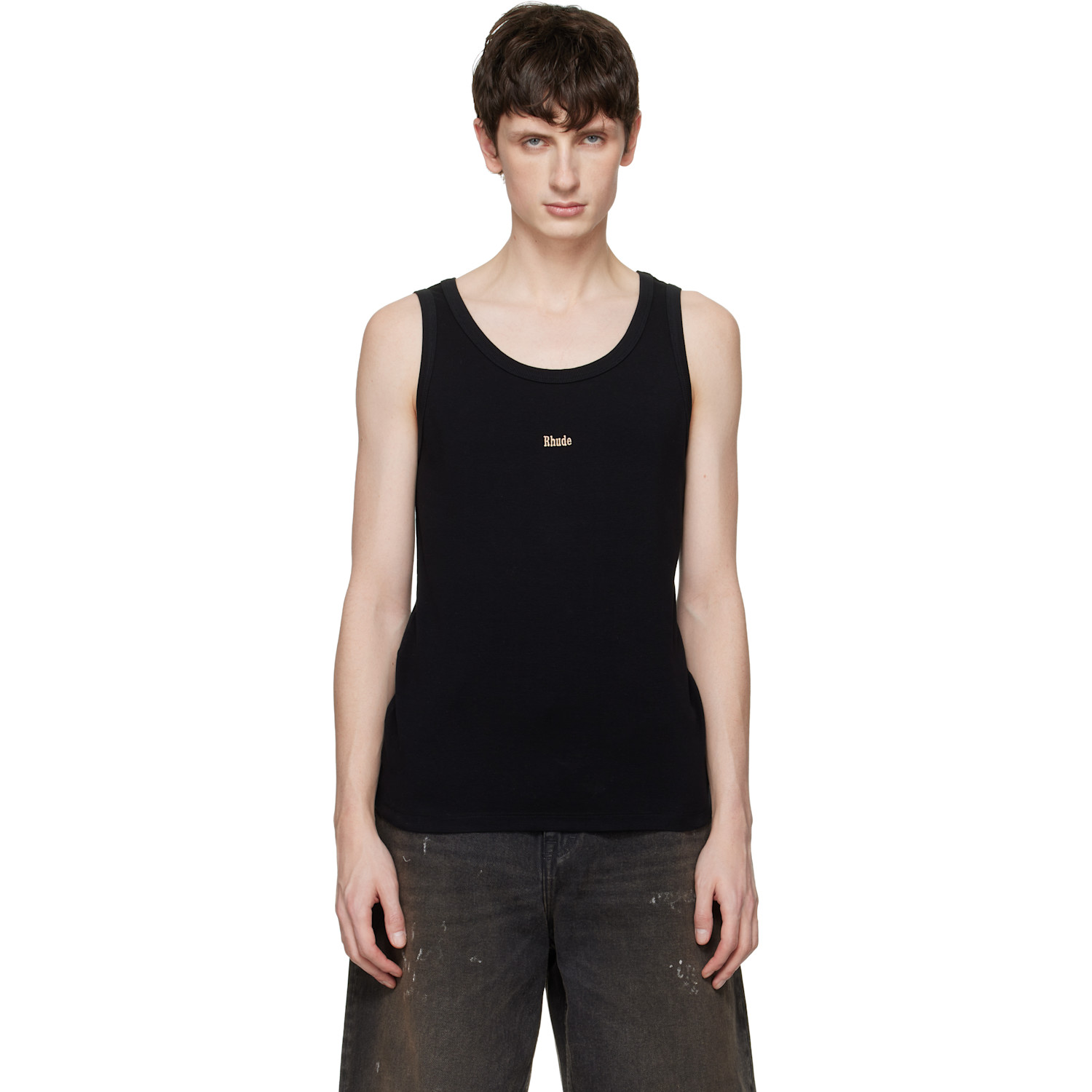 Rhude 블랙 로고 리브 탱크 톱
