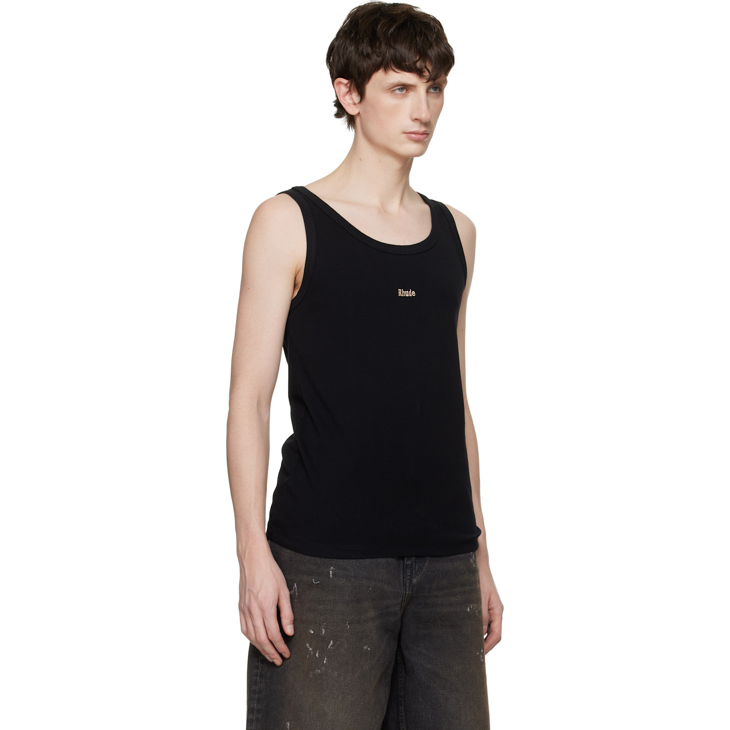 Rhude 블랙 로고 리브 탱크 톱