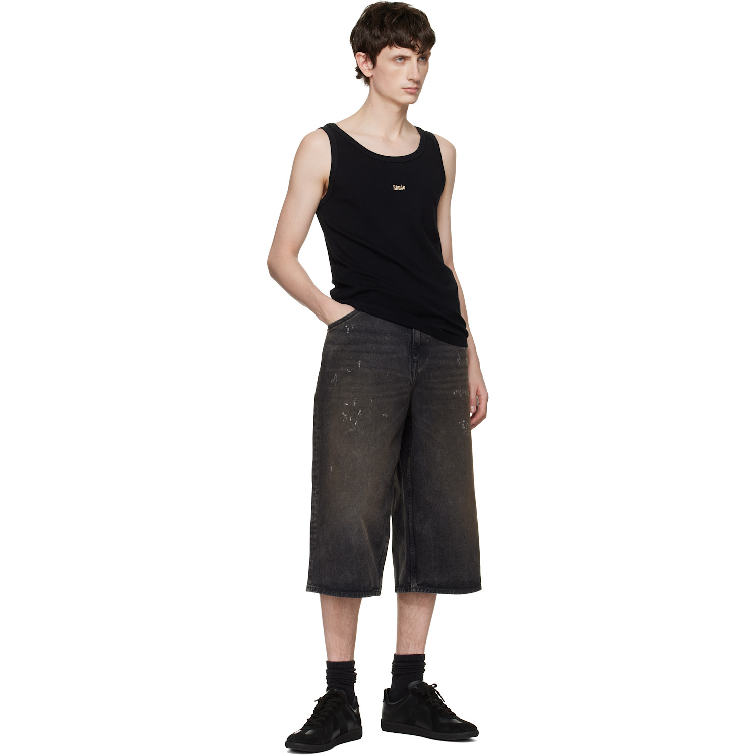 Rhude 블랙 로고 리브 탱크 톱