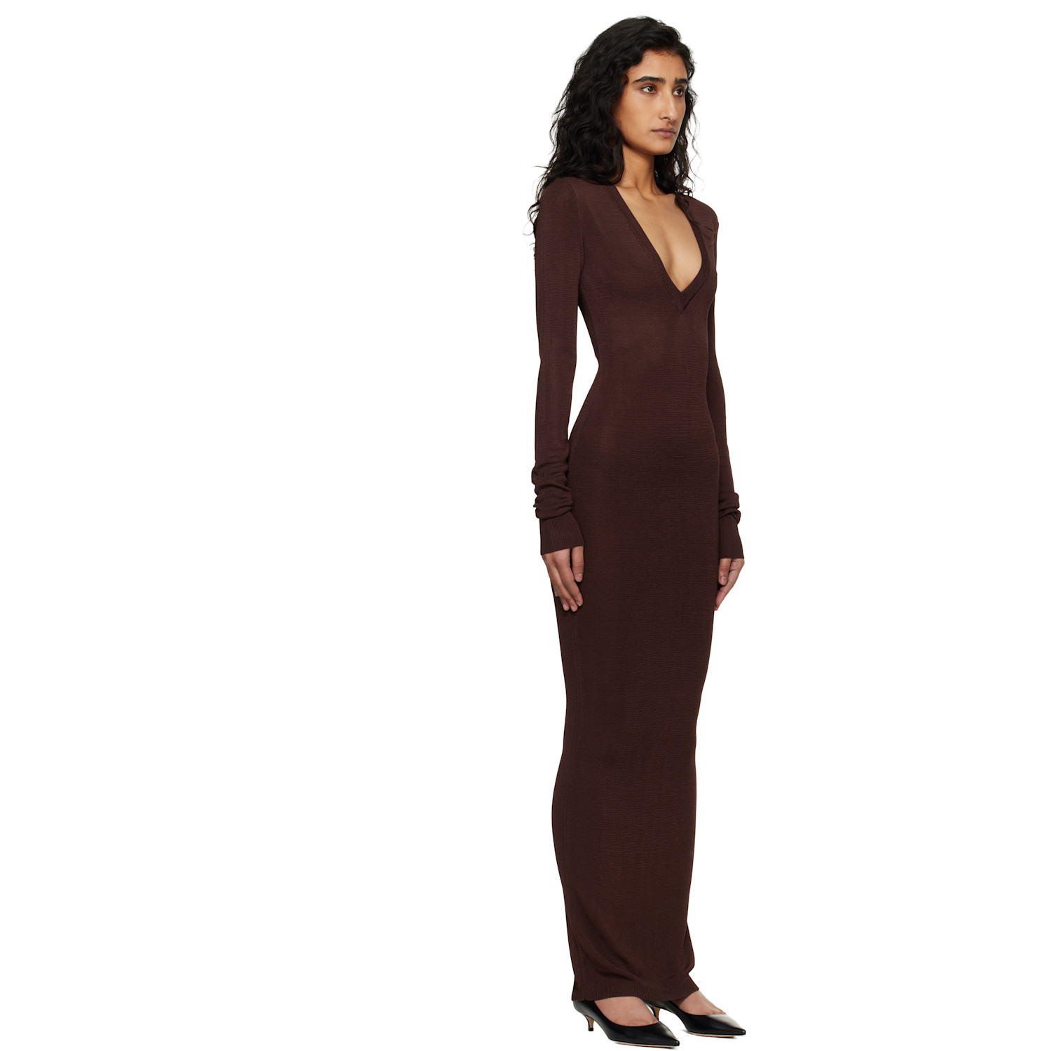  Entire Studios Brown Long Sleeve V Neck Maxi Dress 