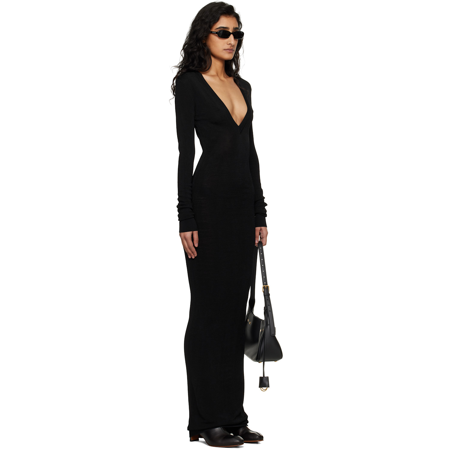  Entire Studios Black Long Sleeve V Neck Maxi Dress 