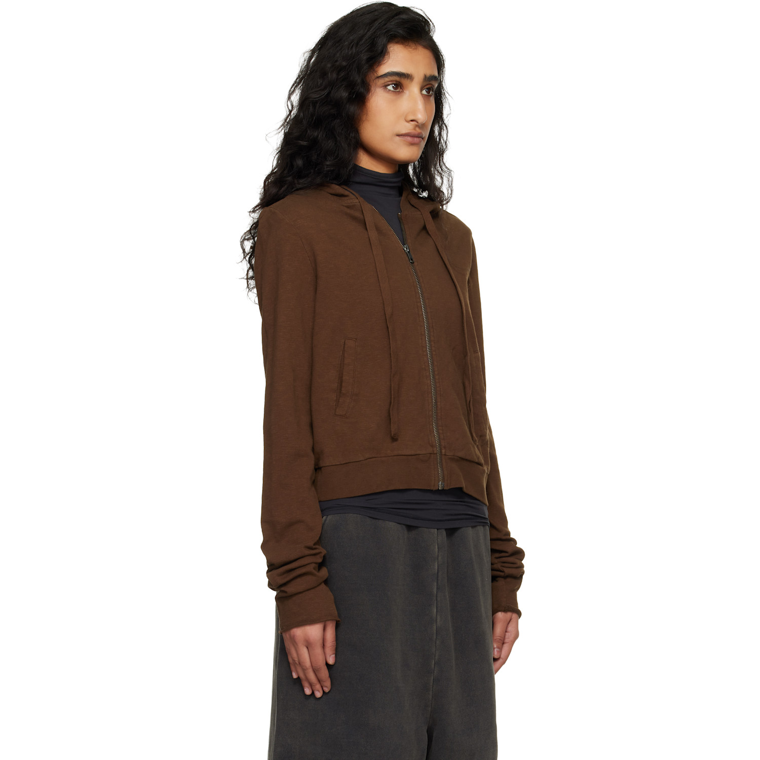 Entire Studios Brown Lightweight Cropped Zip Up Hoodie 