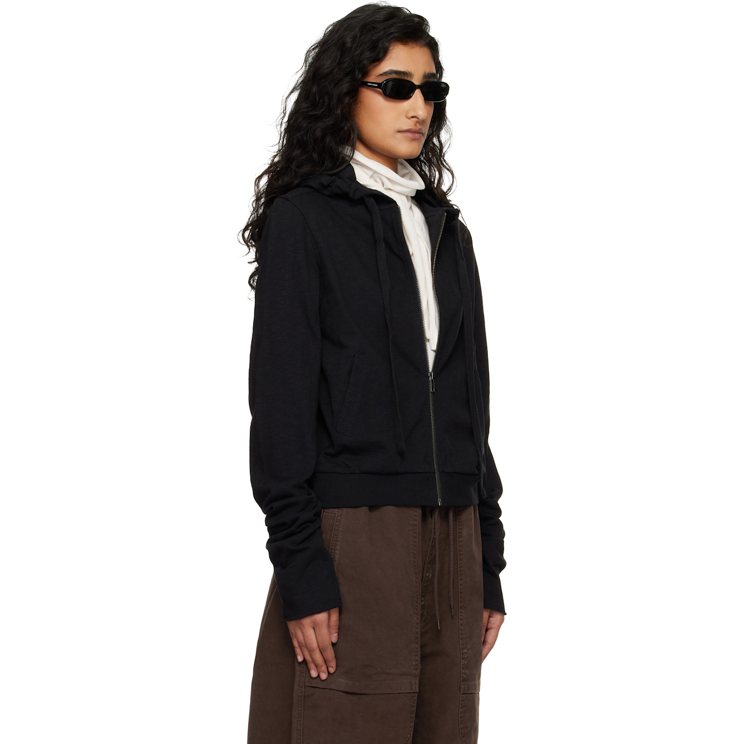  Entire Studios Black Lightweight Cropped Zip Up Hoodie 