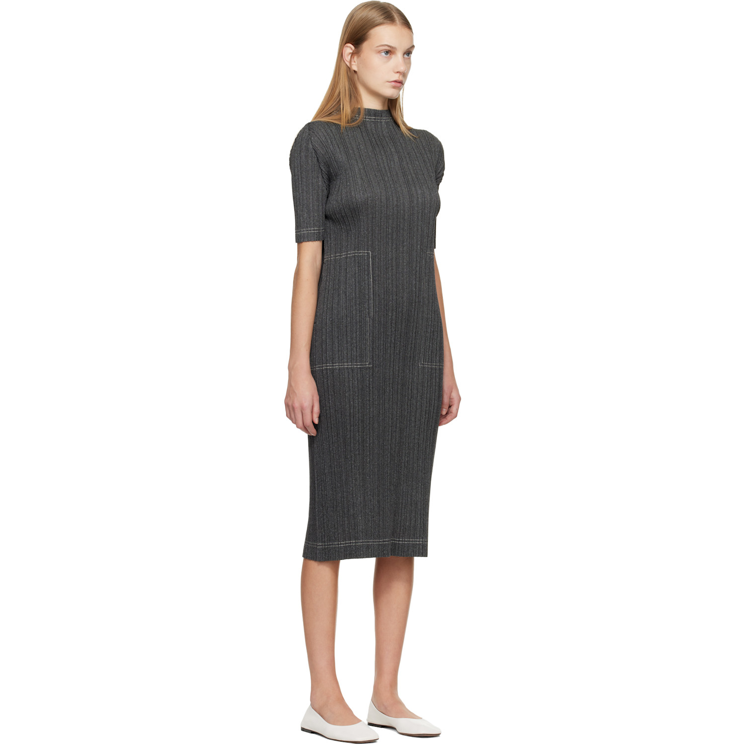 Pleats Please Issey Miyake Gray Cotton Denim Midi Dress 