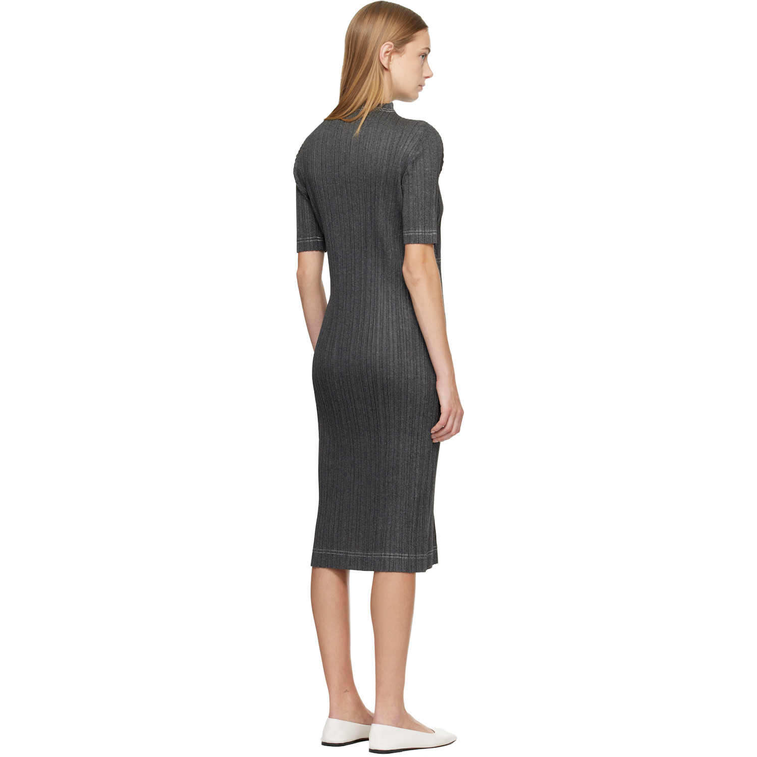  Pleats Please Issey Miyake Gray Cotton Denim Midi Dress 