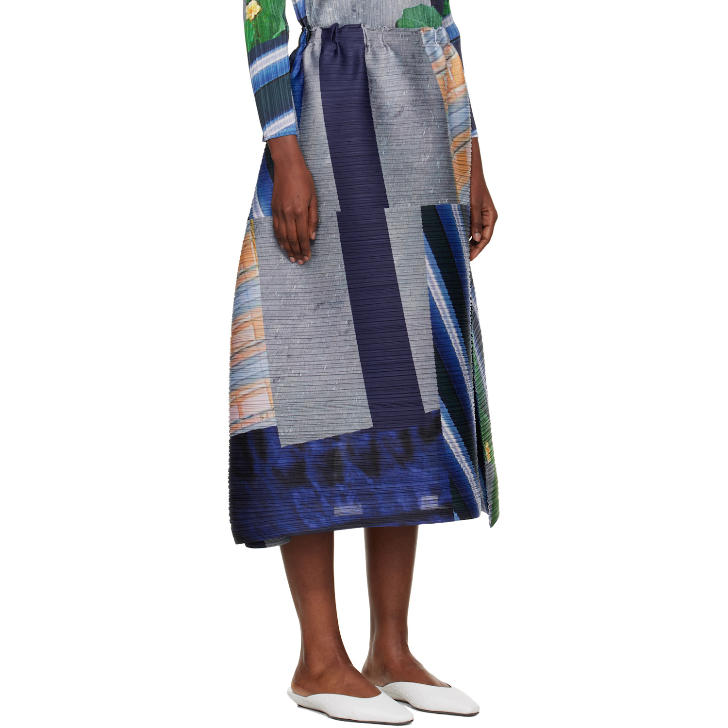  Pleats Please Issey Miyake Gray & Navy City Collage Midi Skirt 