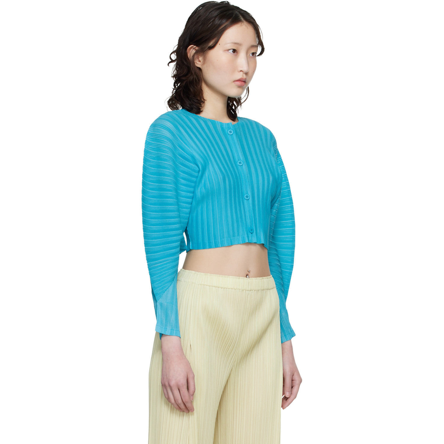  Pleats Please Issey Miyake Blue Rib Pleats January Cardigan 