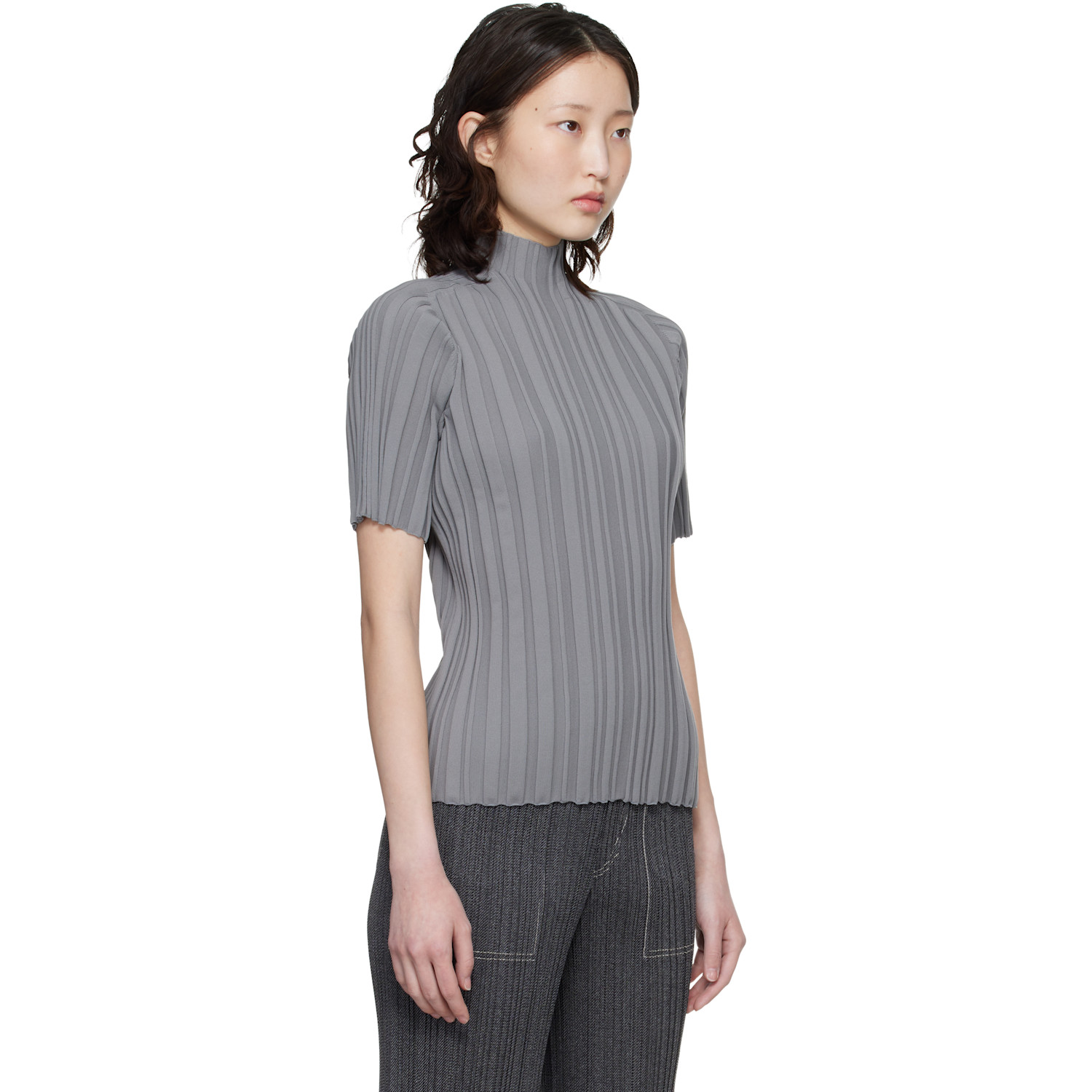  Pleats Please Issey Miyake Gray Rib Knit Top 