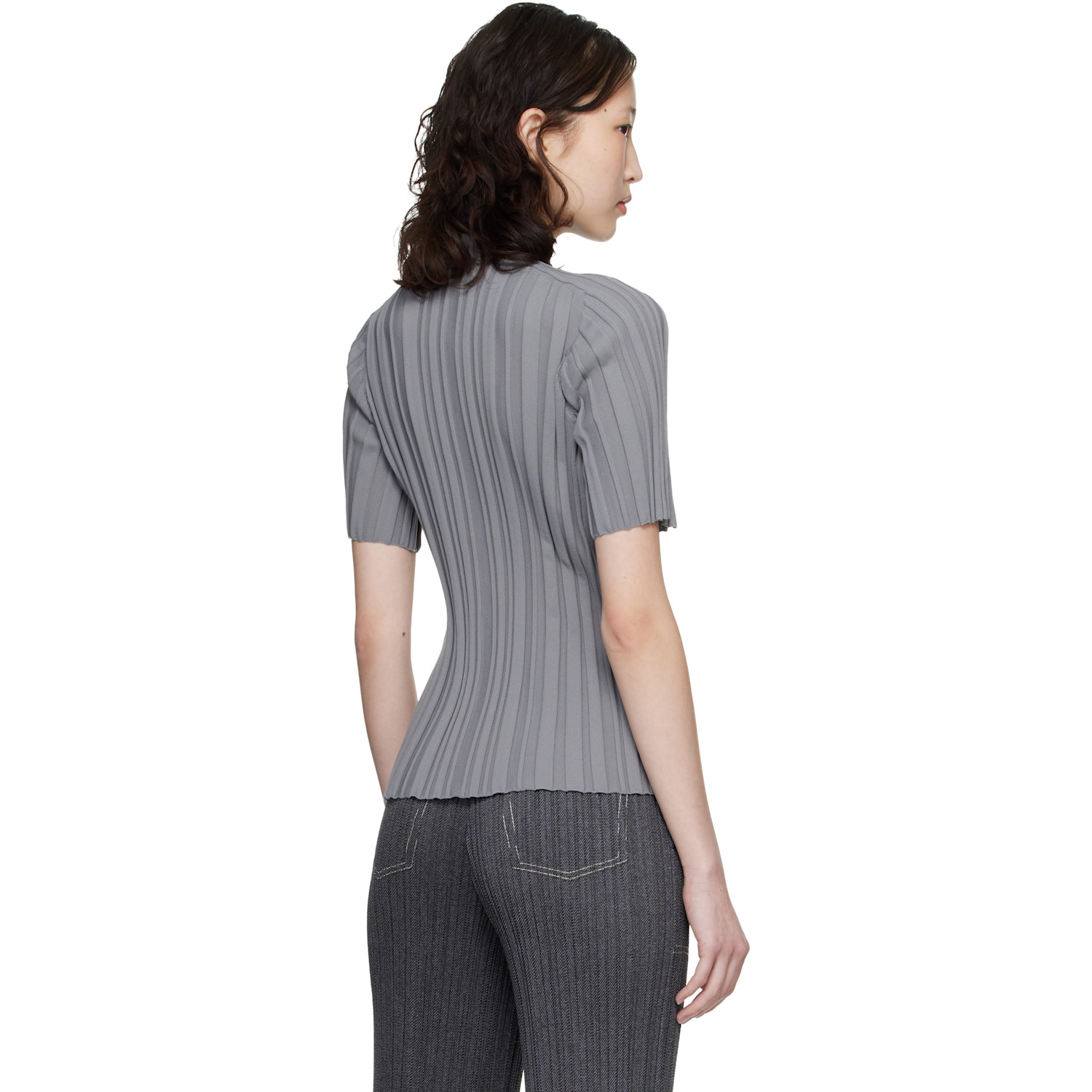  Pleats Please Issey Miyake Gray Rib Knit Top 