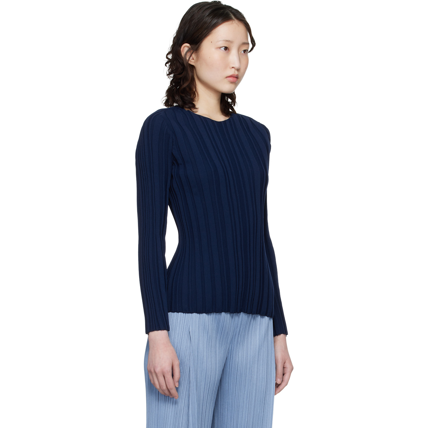  Pleats Please Issey Miyake Navy Rib Knit Top 