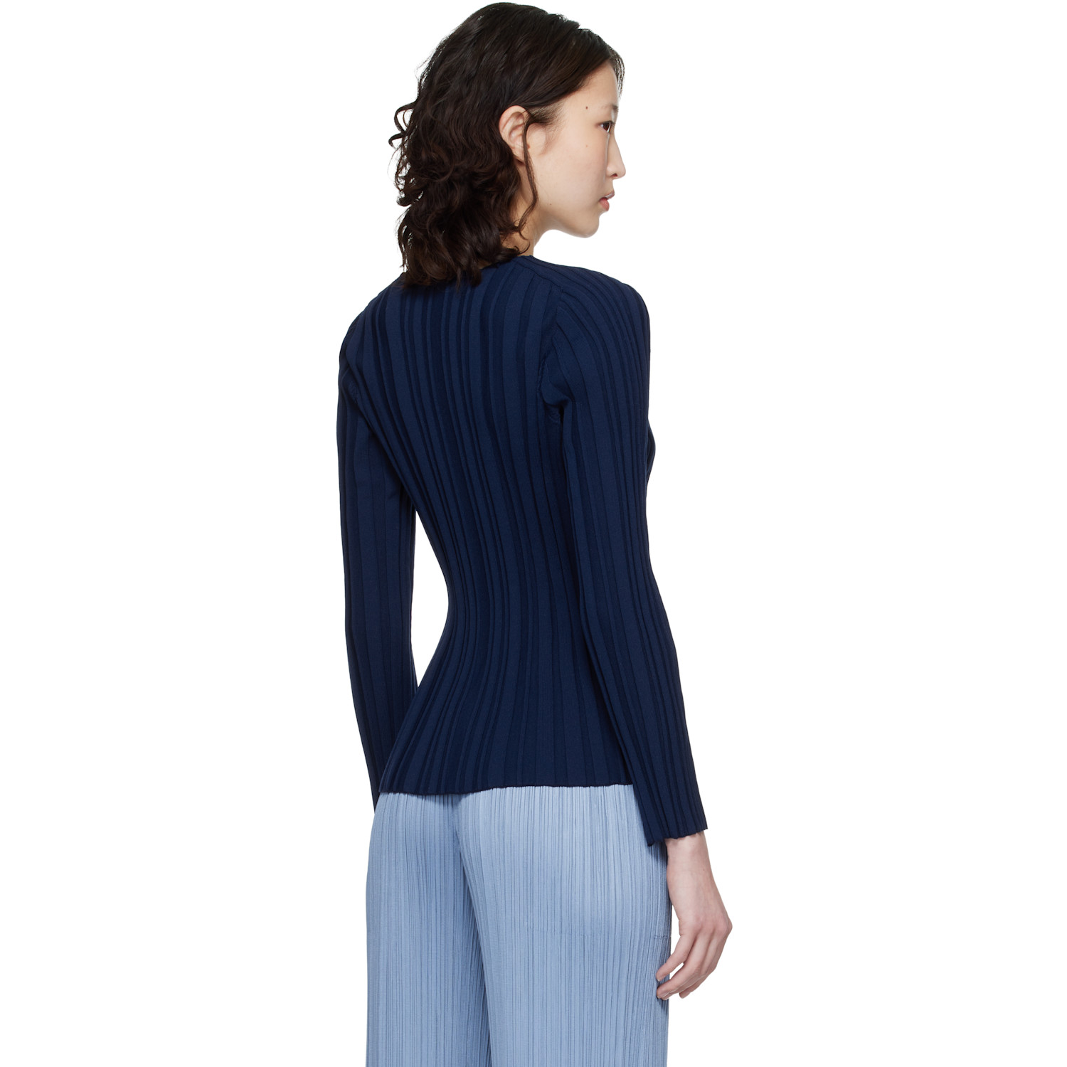  Pleats Please Issey Miyake Navy Rib Knit Top 