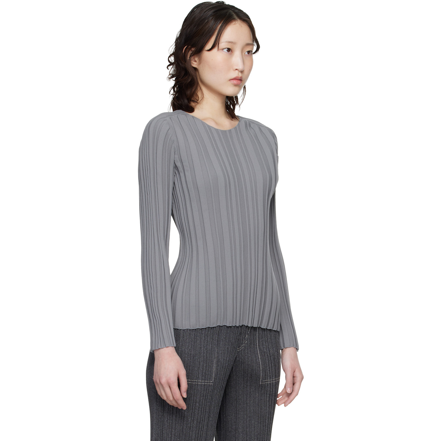  Pleats Please Issey Miyake Gray Rib Knit Top 