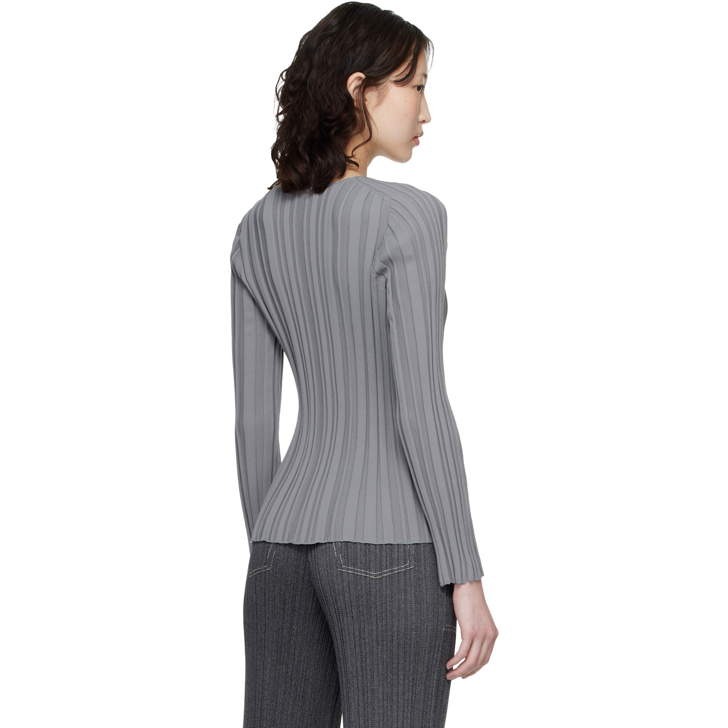  Pleats Please Issey Miyake Gray Rib Knit Top 