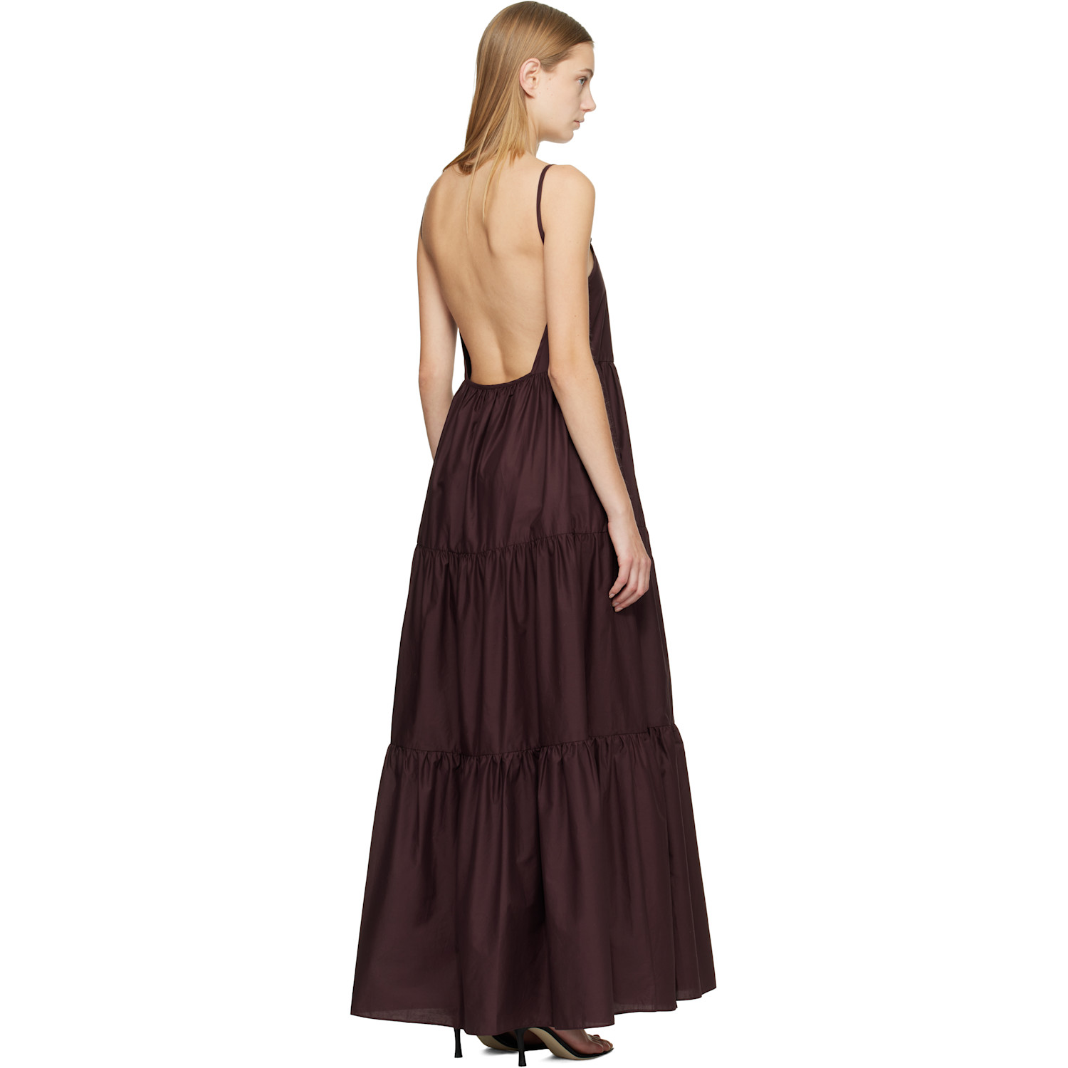  Matteau Burgundy Tiered Low Back Maxi Dress 
