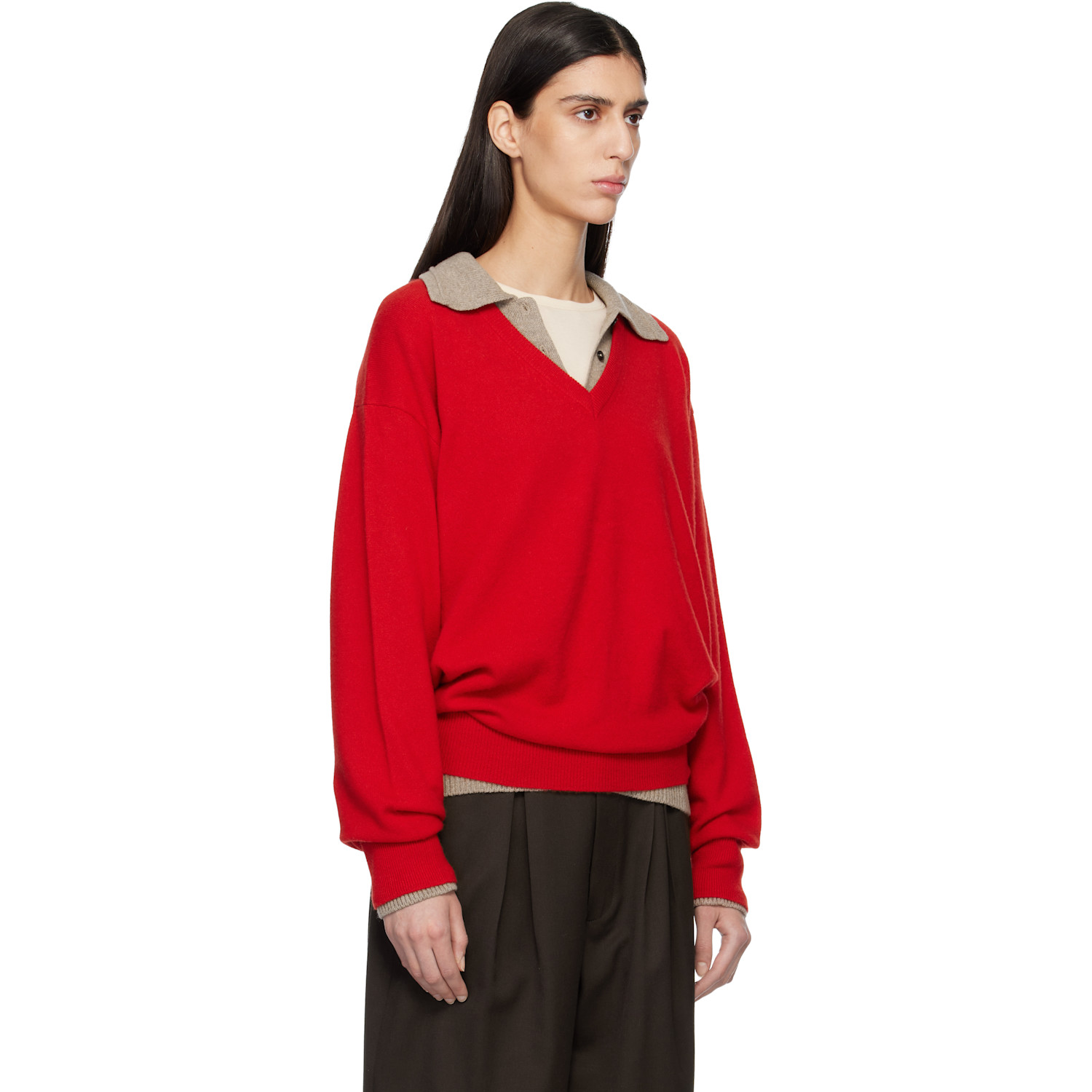  Ssstein Red Pure Cashmere Knit V Neck Ls Sweater 