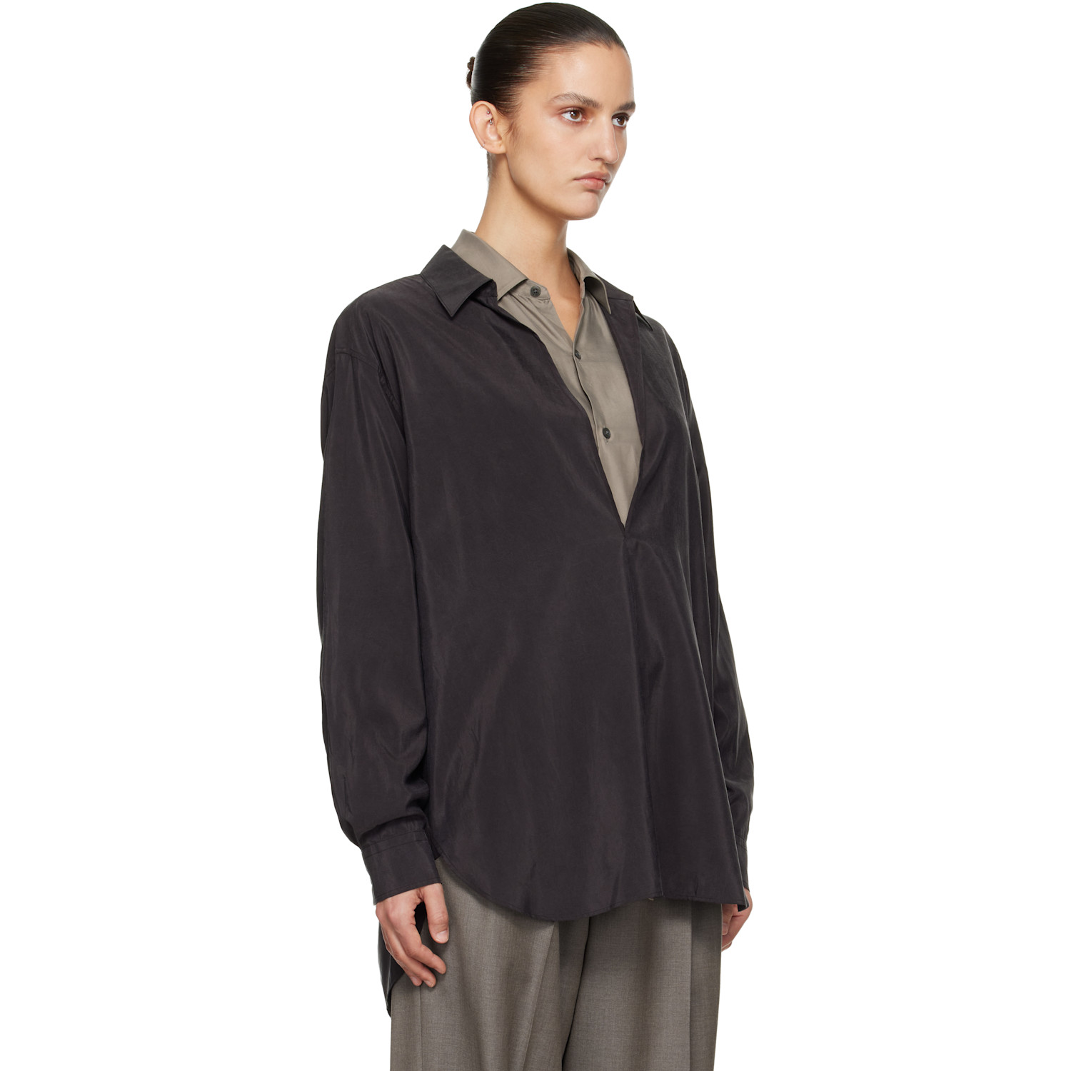  Ssstein Brown Silk Nylon Skipper Shirt 