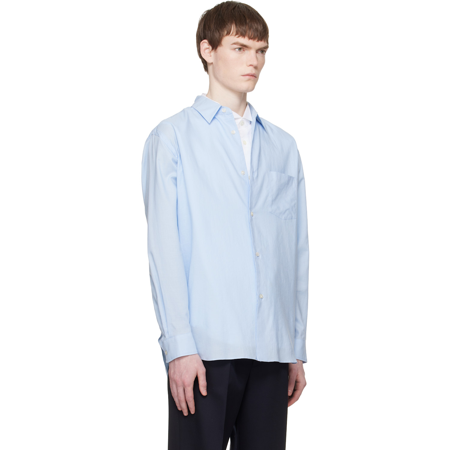  Ssstein Blue Cotton Silk Oversized Regular Collar Shirt 