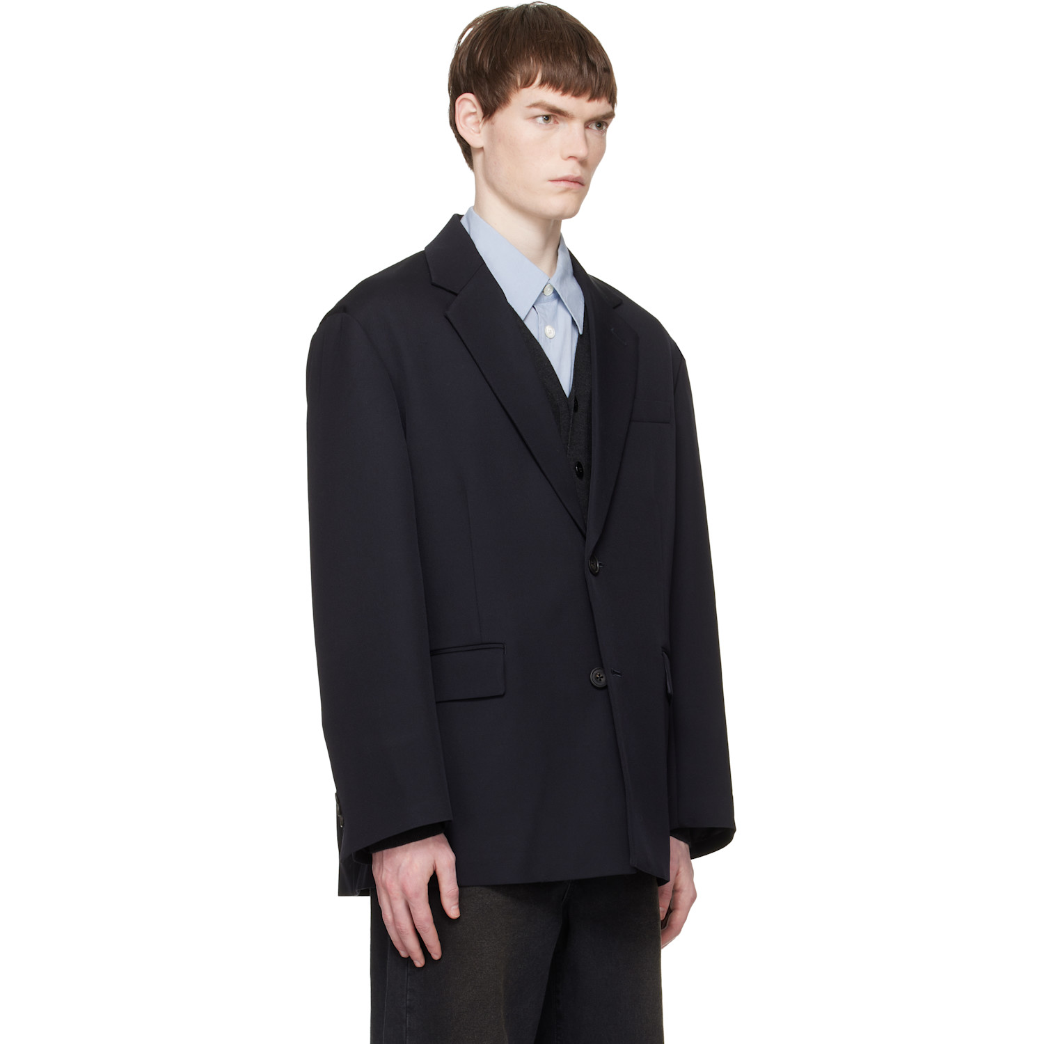  Ssstein Navy Wool Kersey Oversized Single Breasted Blazer 