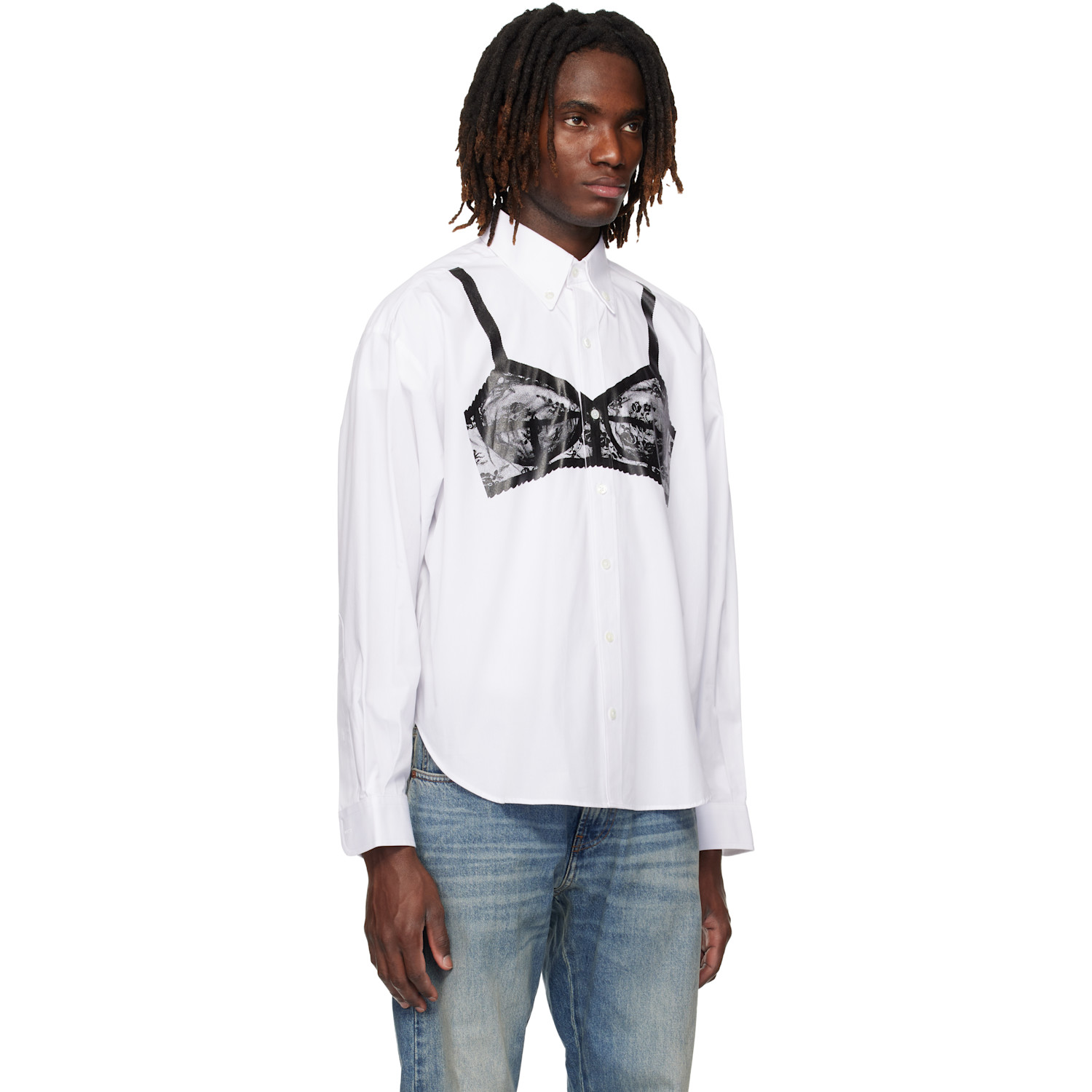  Vaquera White Trompe L'oeil Bra Button Down Shirt 