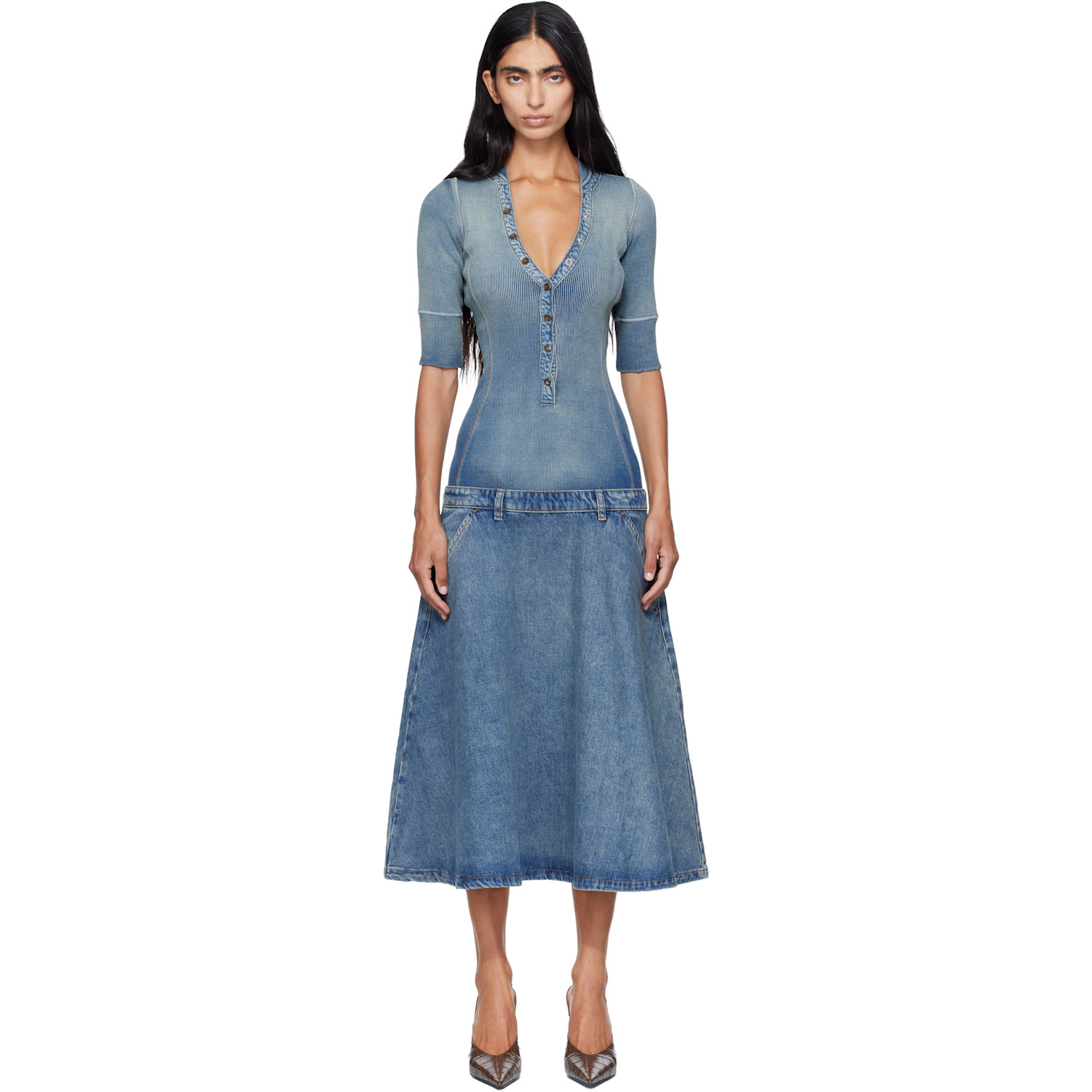Diesel Blue Drop-Waist Knit & Denim Midi Dress