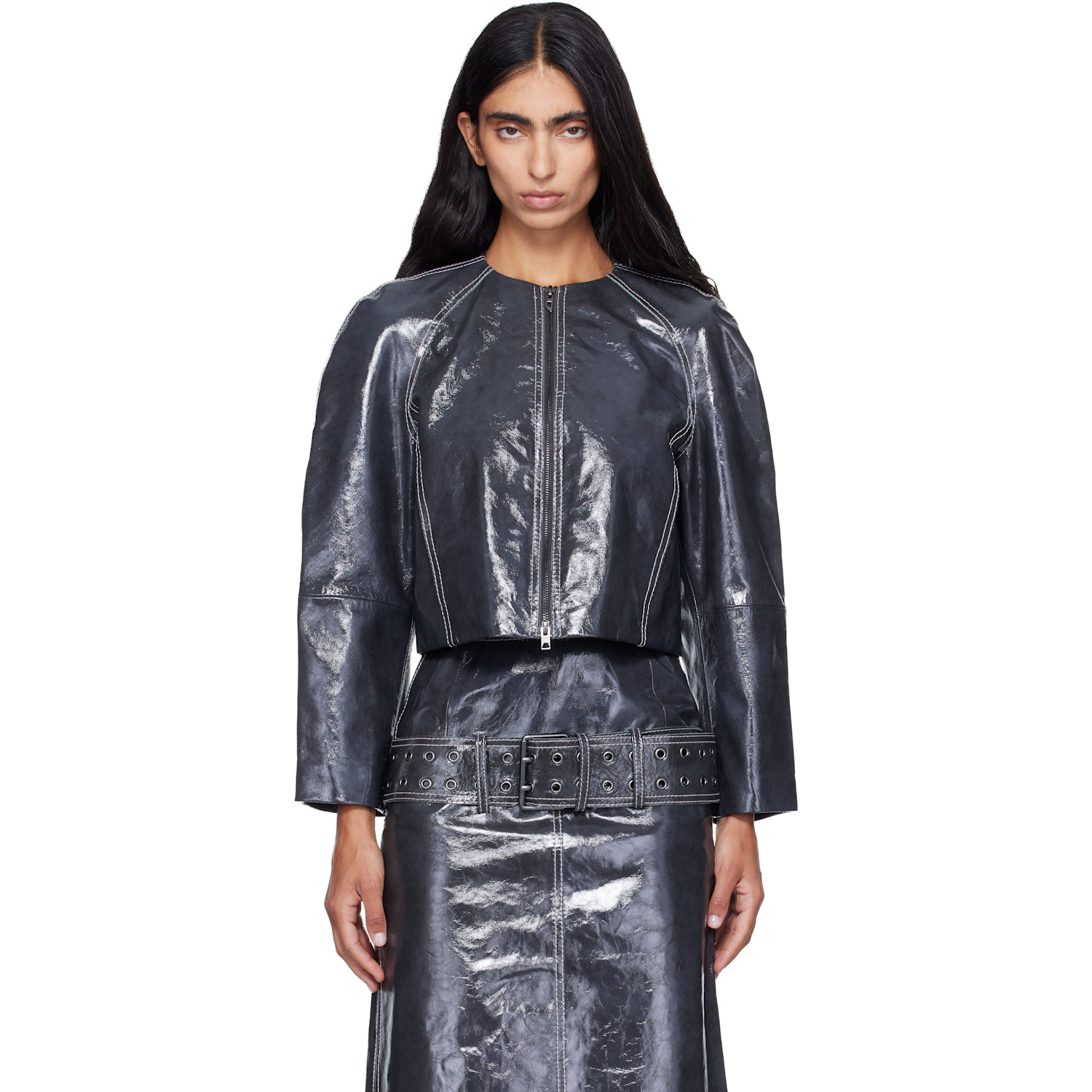 Diesel Gray Patent-Leather Cocoon Sleeve Jacket