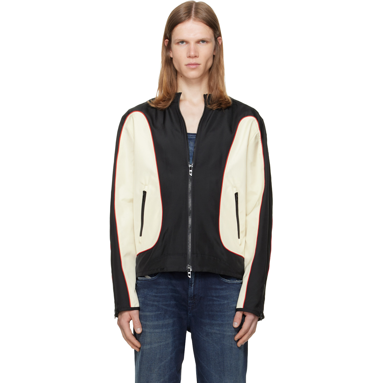 Diesel Black & Off-White Nylon Color Block & Piping Details Jacket